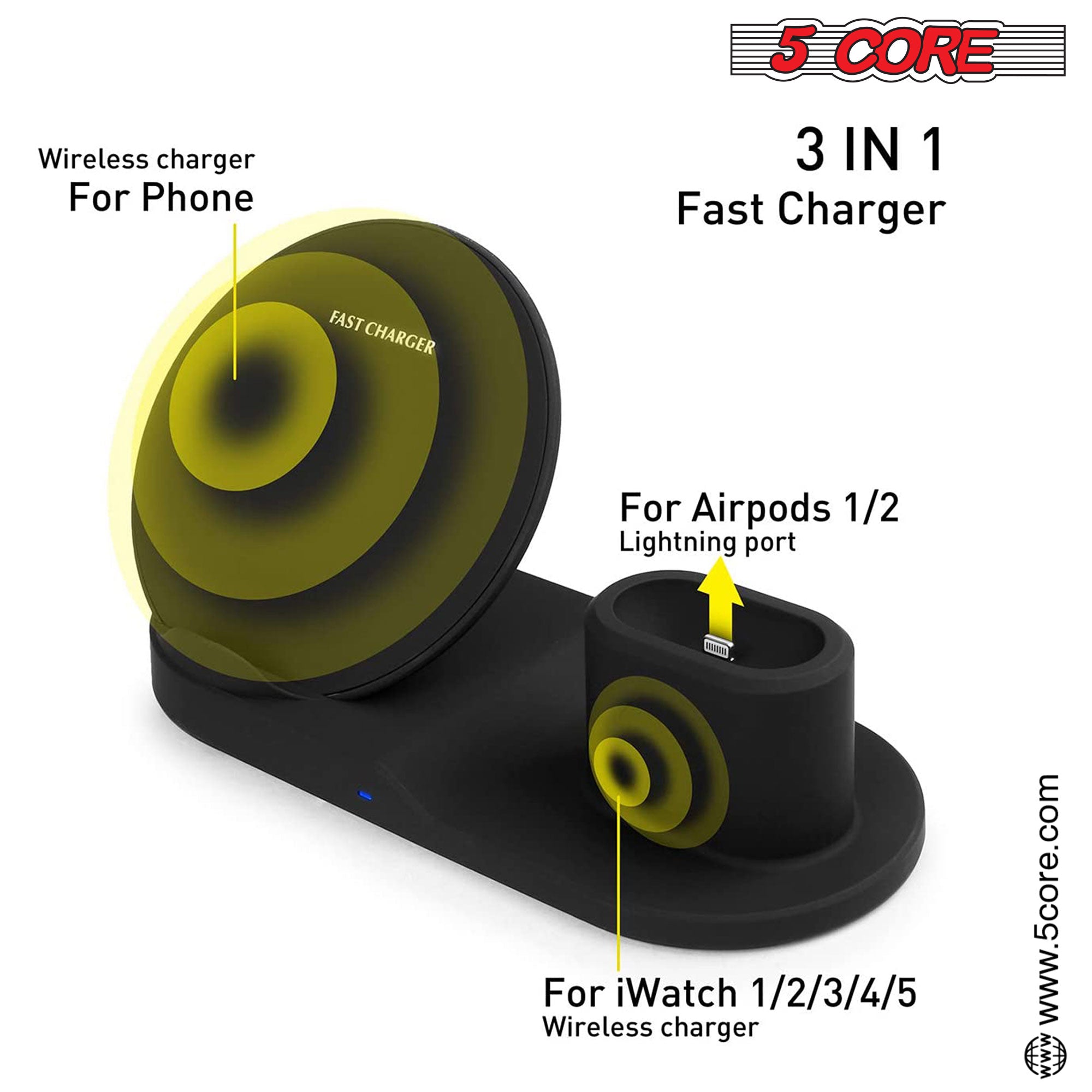 5 Core Wireless Charging Station 3 in 1 Wireless Charger Stand QI Fast Wireless Charging w Dual Coil for Samsung iPhone for Apple Watch AirPod -WCR 3