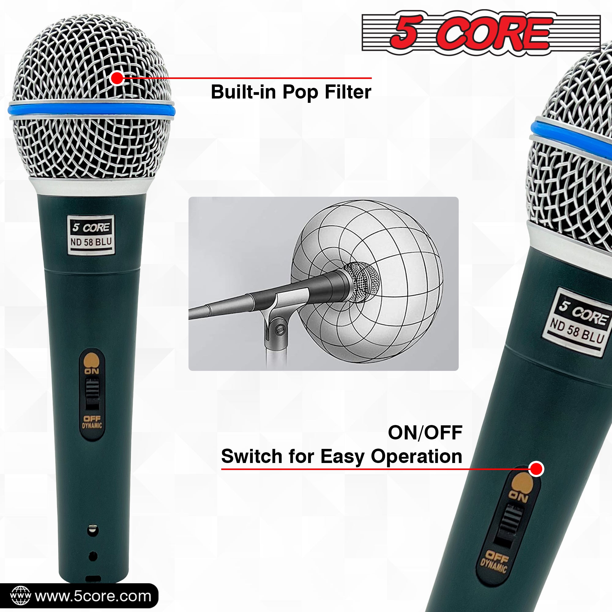 5 Core Microphone Professional Dynamic Karaoke XLR Wired Mic w ON/OFF Switch Pop Filter Cardioid Unidirectional Pickup Handheld Micrófono -ND 58 BLU