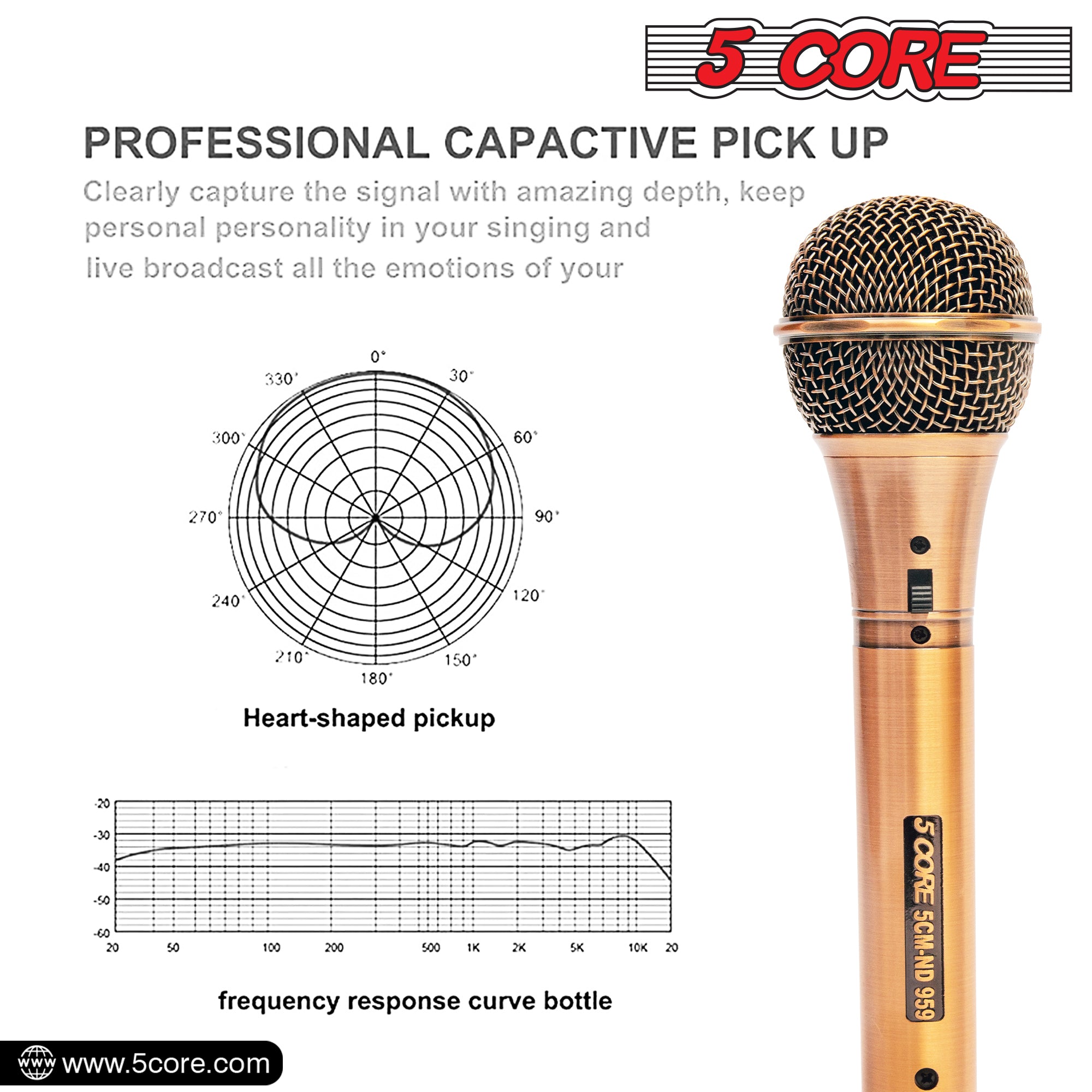 5 Core Microphone Professional Dynamic Karaoke XLR Wired Mic w ON/OFF Switch Pop Filter Cardioid Unidirectional Handheld Micrófono -ND-959 Elantra
