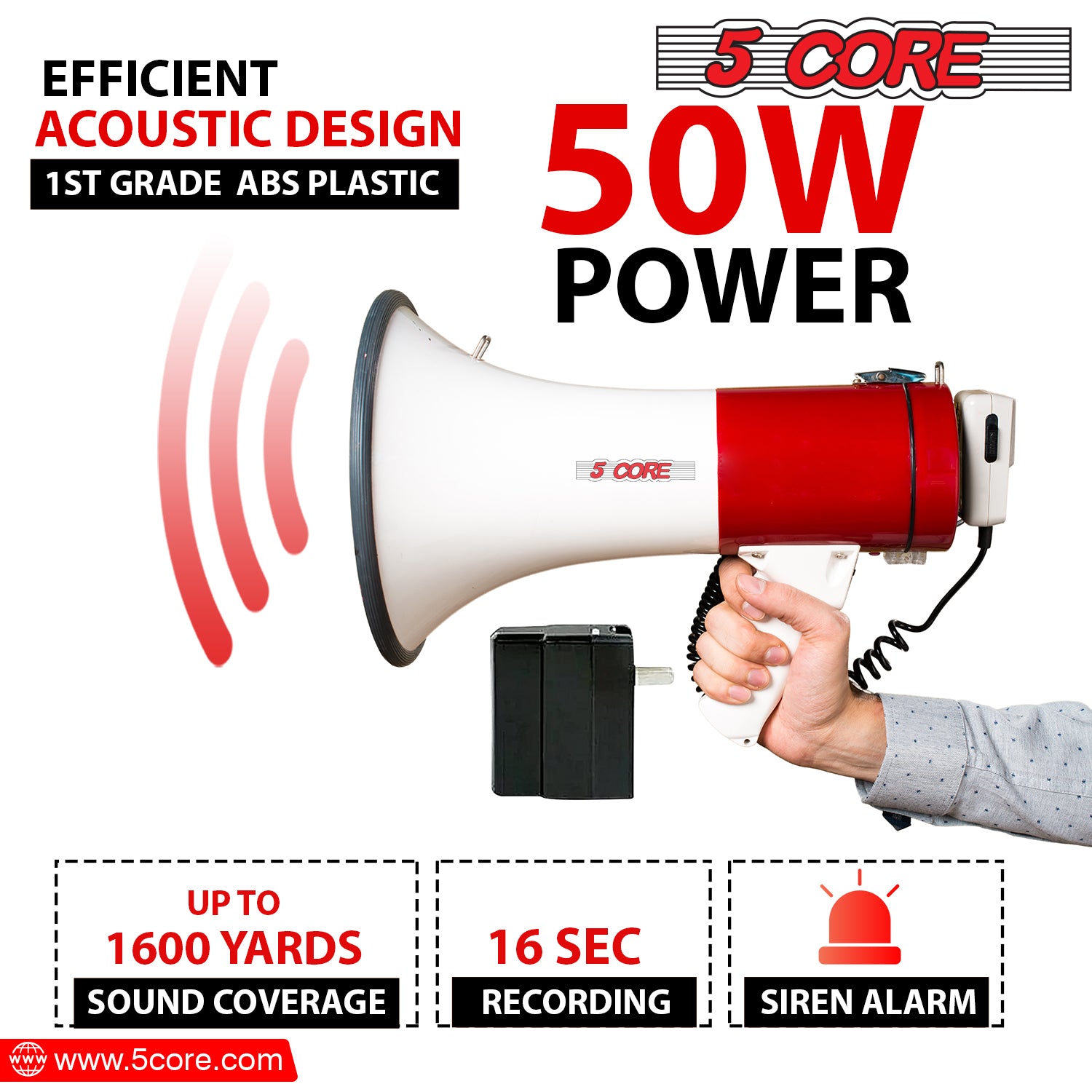 5 Core High Power Megaphone 50W Loud Siren Noise Maker Professional Bullhorn Speaker Rechargeable PA System w Recording USB SD Card -66SF WB