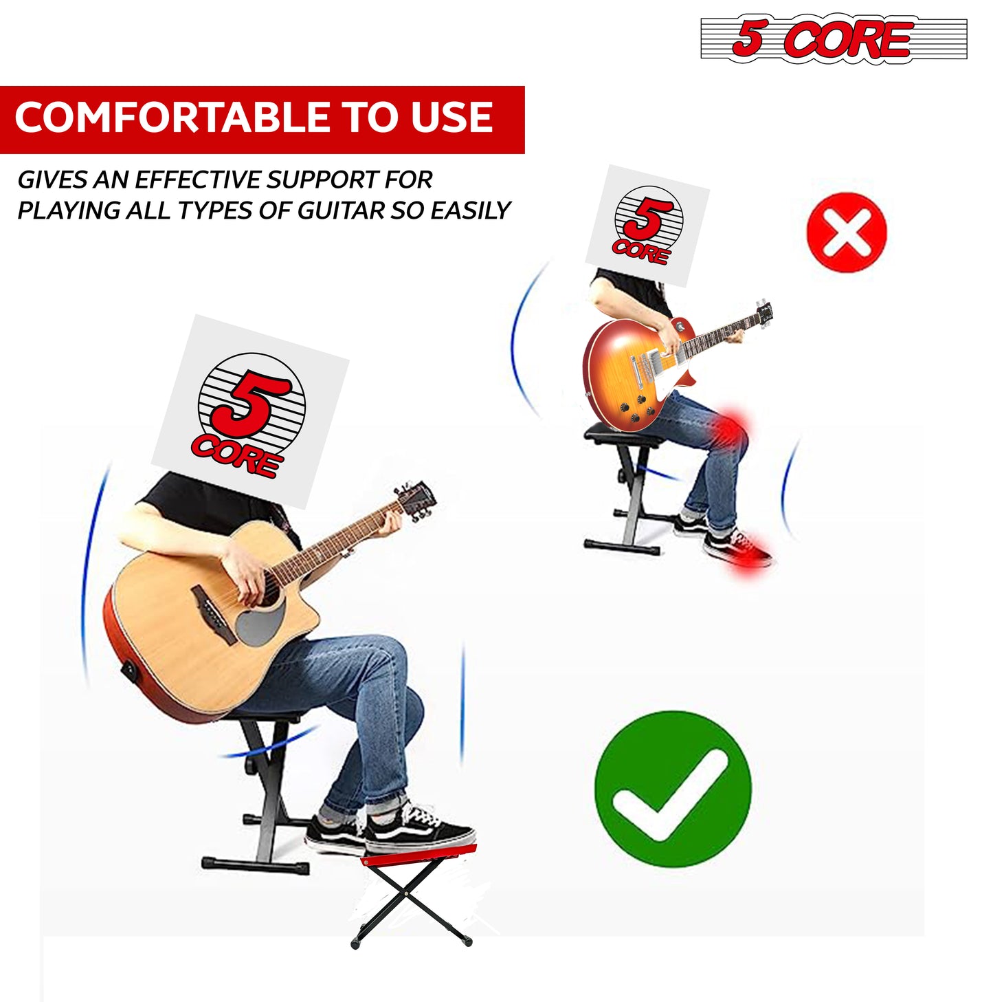 5 Core Guitar Footstool Red| Adjustable Guitar Foot Rest|Solid Iron Guitar Foot Stand with 6-Level Height| Sturdy and Durable Guitar Leg Rest Step- GFS RED