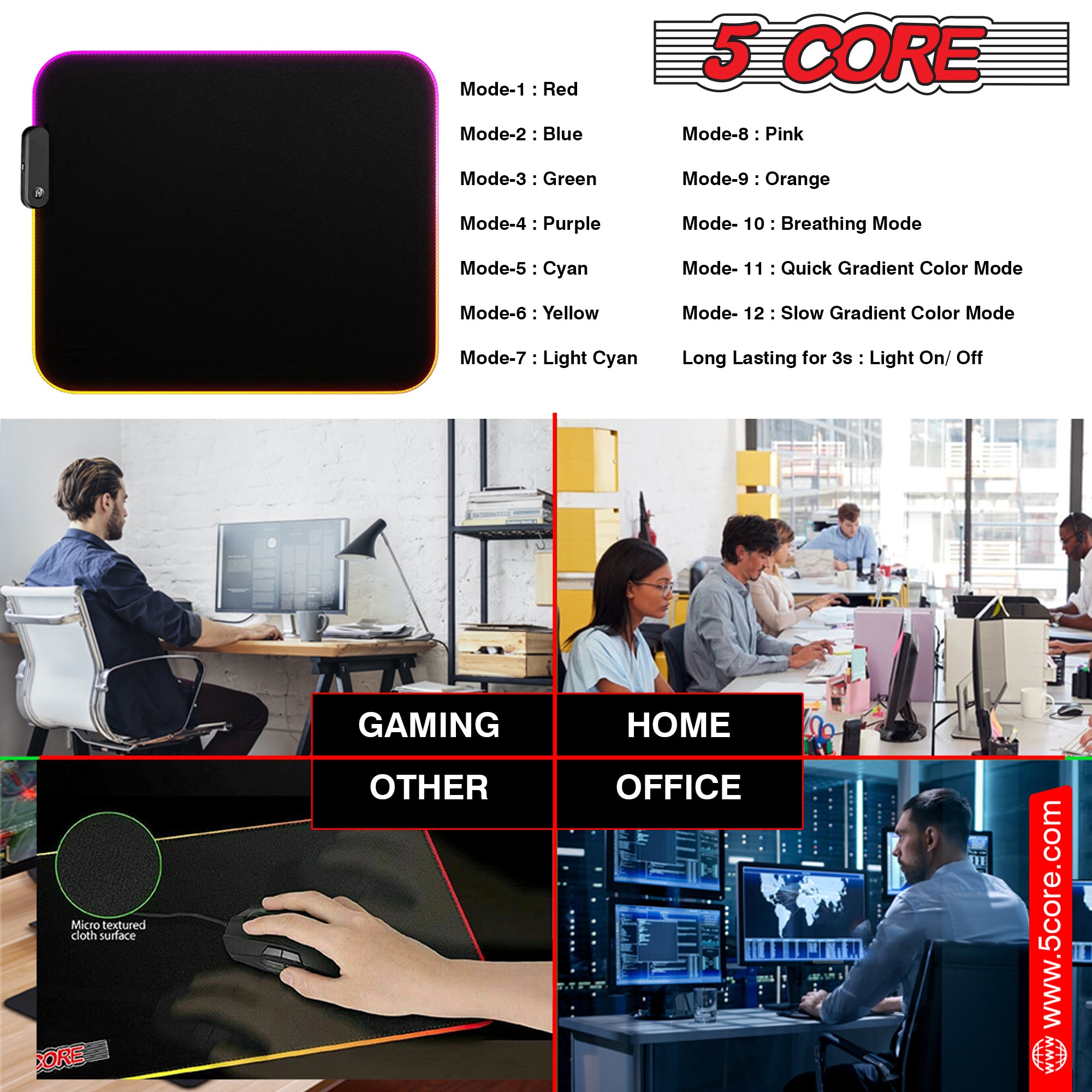 5Core RGB Mouse Pad  12 Light Modes High-Performance Soft Padded Large Gaming Keyboard Mouse Mat