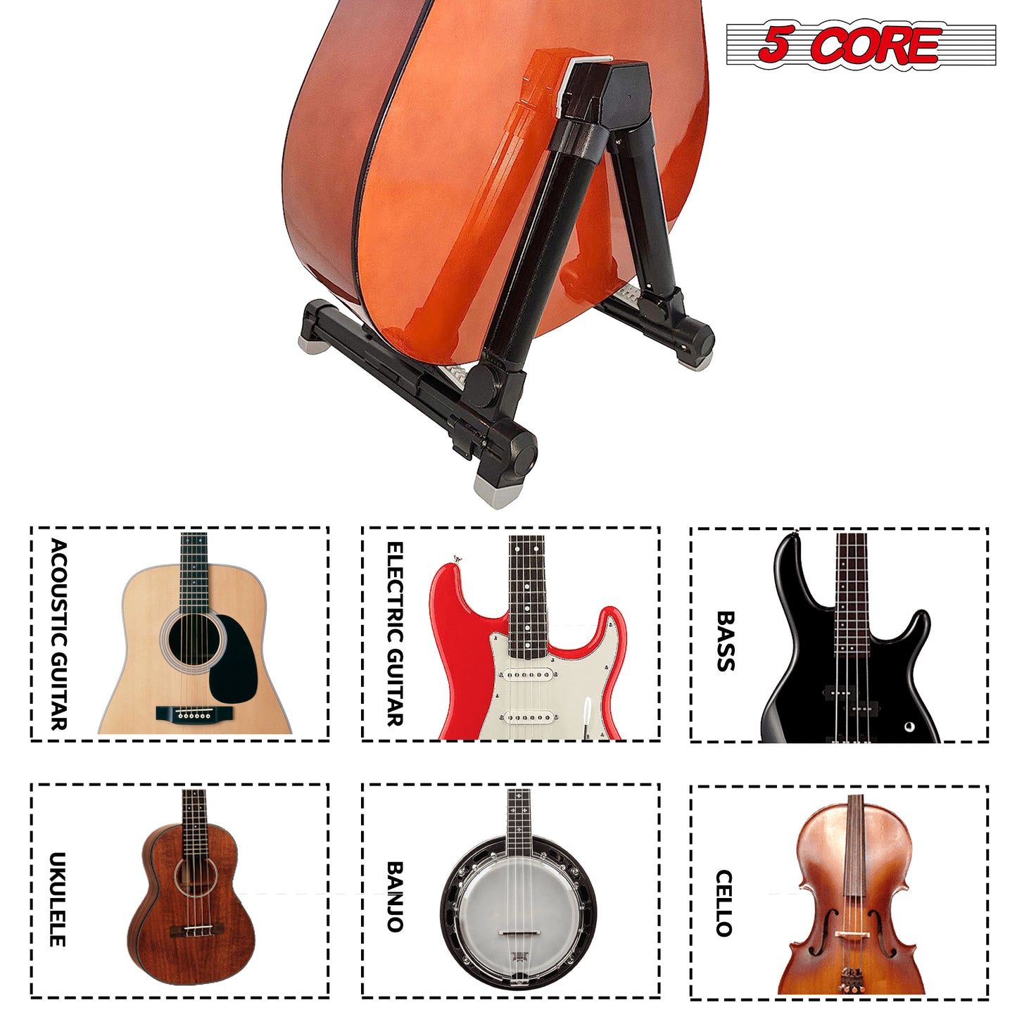 5 Core Guitar Stand Black| Lightweight Premium Aluminum Build Adjustable A-Frame Stand| Folding Floor Portable Music Instrument | Stand for Bass, Violin, Ukulele, Electric, and acoustic guitars- GSS AL BLK