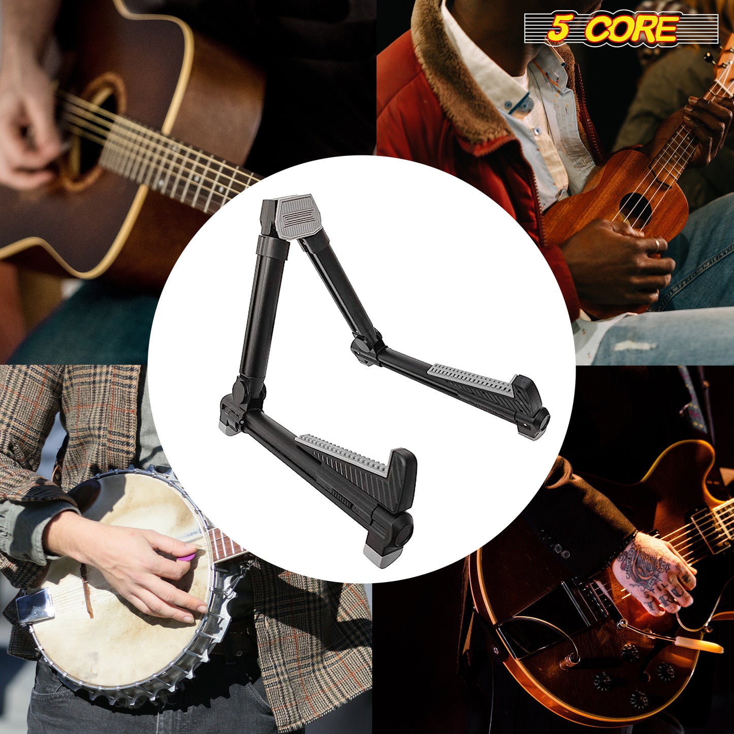 5 Core Guitar Stand Black| Lightweight Premium Aluminum Build Adjustable A-Frame Stand| Folding Floor Portable Music Instrument | Stand for Bass, Violin, Ukulele, Electric, and acoustic guitars- GSS AL BLK