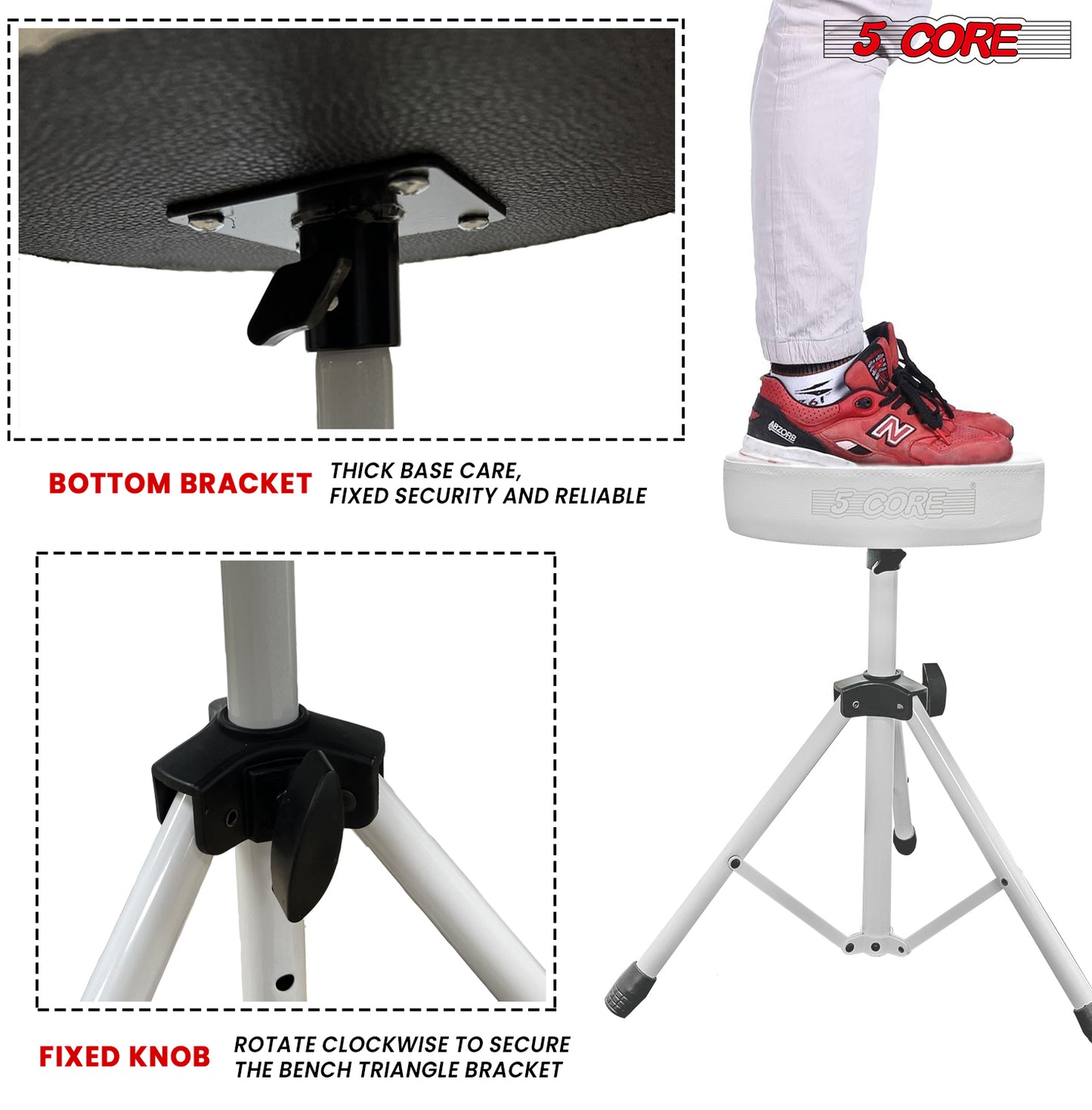 5 Core Drum Throne | White Drum Chair| Height Adjustable Heavy Duty Upgraded Drum Stool with Extra Thick Comfortable Seat| Portable Drum Thrones for Adults & Children- DS 01 WH