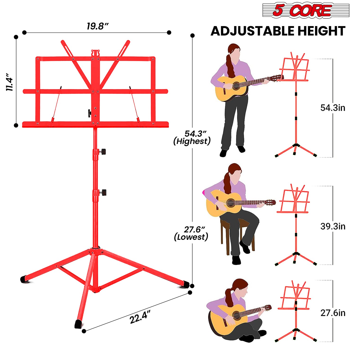 5 Core Music Stand, 2 in 1 Dual-Use Adjustable Folding Sheet Stand Red / Metal Build Portable Sheet Holder / Carrying Bag, Music Clip and Stand Light Included - MUS FLD RED