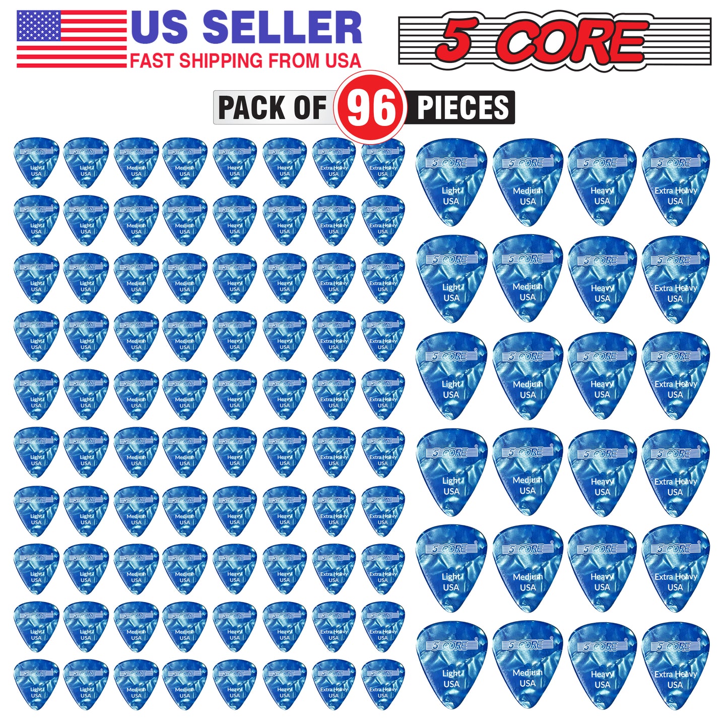 5 Core Guitar Picks | Blue Color Picks for Guitar 96 Pcs | Light, Medium, Heavy, and Extra Heavy Gauge| Durable Premium Celluloid Guitar Picks 0.46mm to 1.2mm- G PICK ALL BLU 96PK
