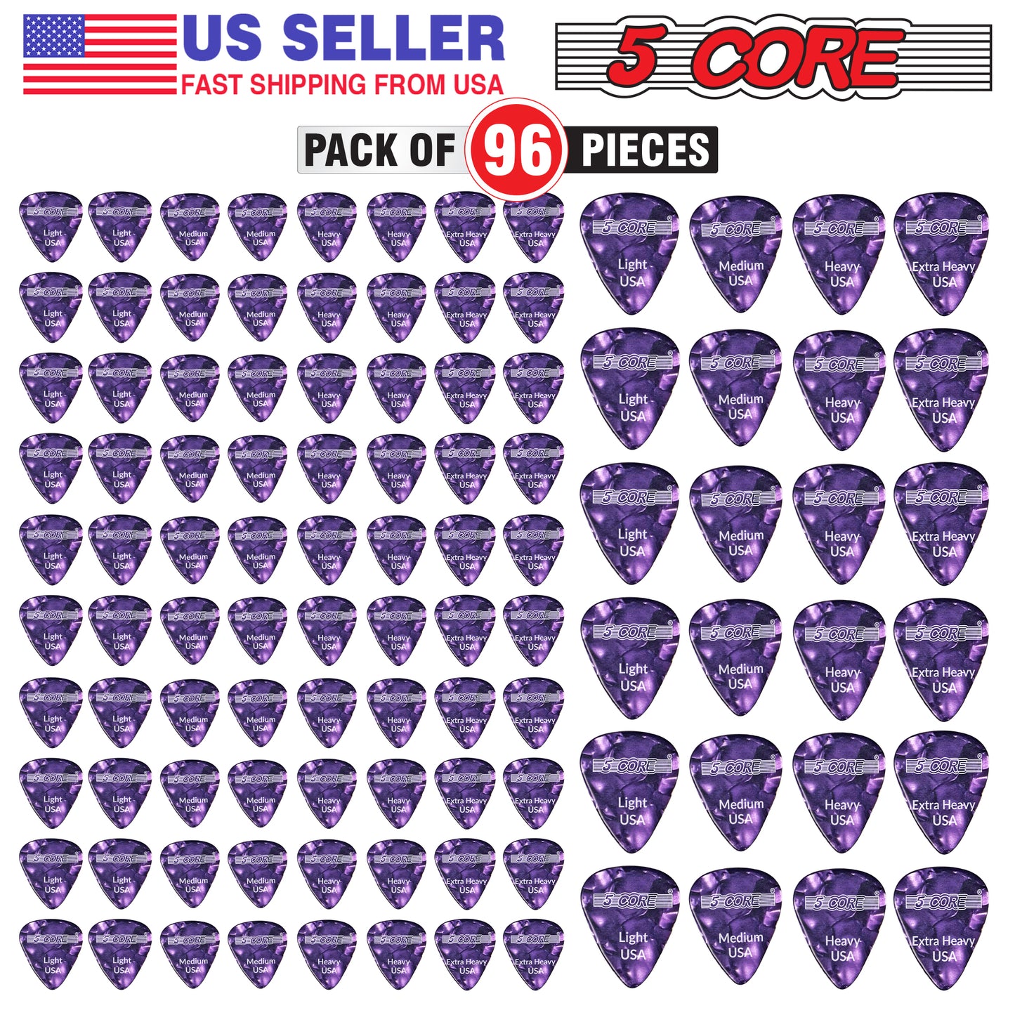 5 Core Guitar Picks | Purple Color Picks for Guitar 96 Pcs | Light, Medium, Heavy, and Extra Heavy Gauge| Durable Premium Celluloid Guitar Picks 0.46mm to 1.2mm- G PICK ALL PR 96PK