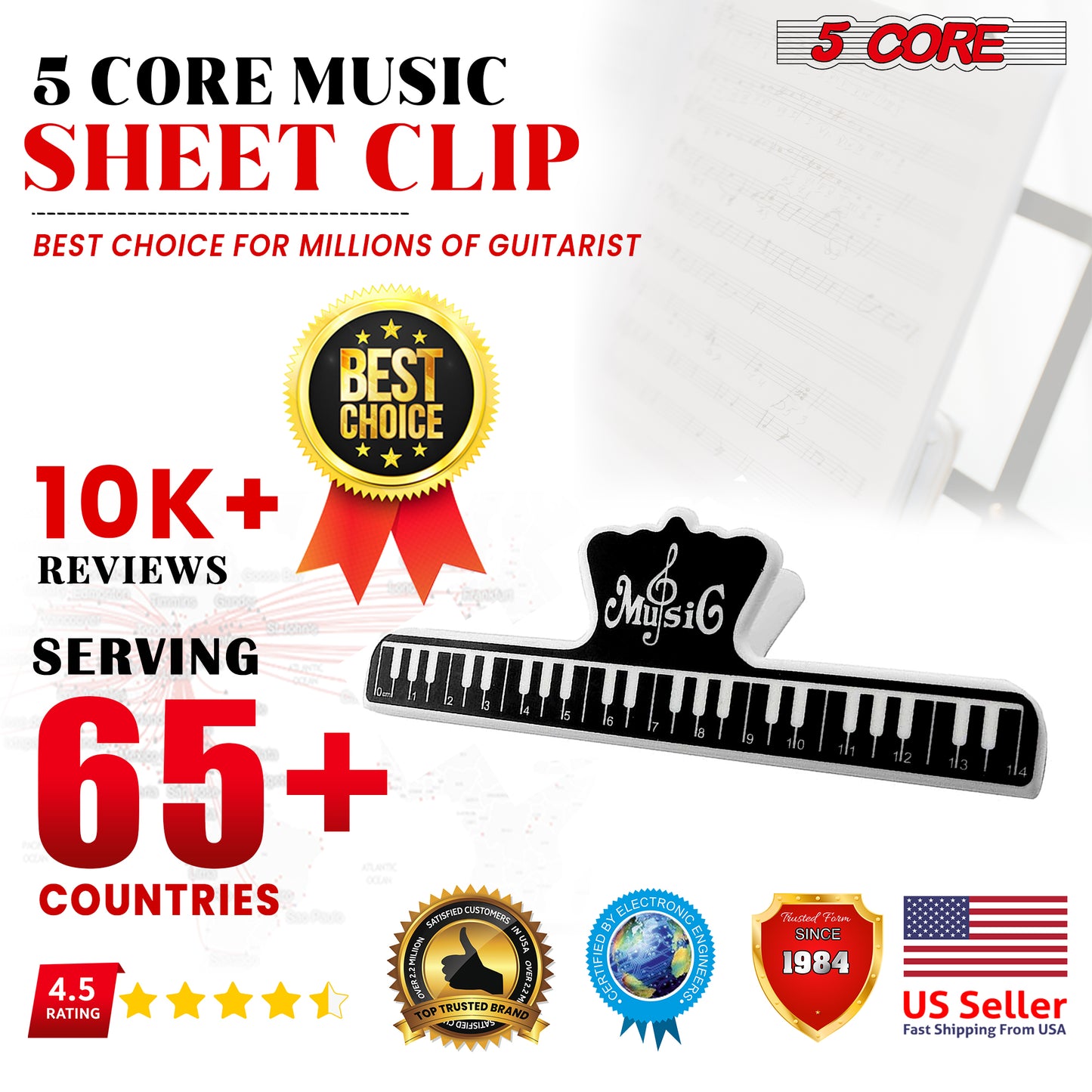 5 Core Music Page Holder 2PCS Black | Durable Plastic Music Score Fixed Clips| Music Sheet Paper Holder, Musical Note Clamps for Guitar Violin Piano Artists- MUS CLIP 2PCS