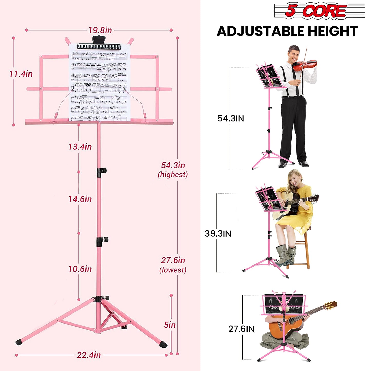 5 Core Music Stand, 2 in 1 Dual-Use Adjustable Folding Sheet Stand Pink / Metal Build Portable Sheet Holder / Carrying Bag, Music Clip and Stand Light Included - MUS FLD PNK