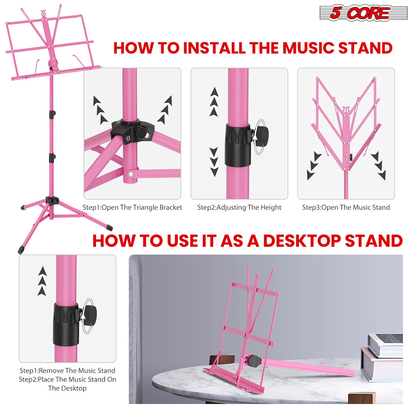 5 Core Music Stand, 2 in 1 Dual-Use Adjustable Folding Sheet Stand Pink / Metal Build Portable Sheet Holder / Carrying Bag, Music Clip and Stand Light Included - MUS FLD PNK