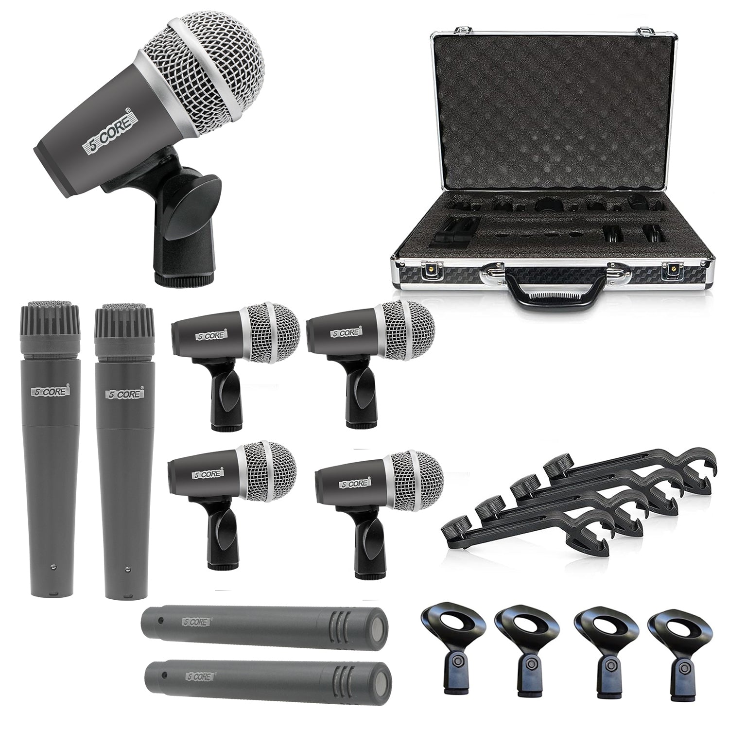 5 Core Drum Mic Kit 9 Piece Dynamic XLR Kick Bass Tom Snare Microphone Set for Drummers Grey