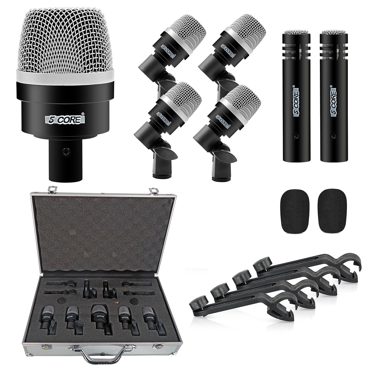 5 Core Drum Mic Kit 7 Piece Dynamic XLR Kick Bass Tom Snare Microphone Set for Drummers
