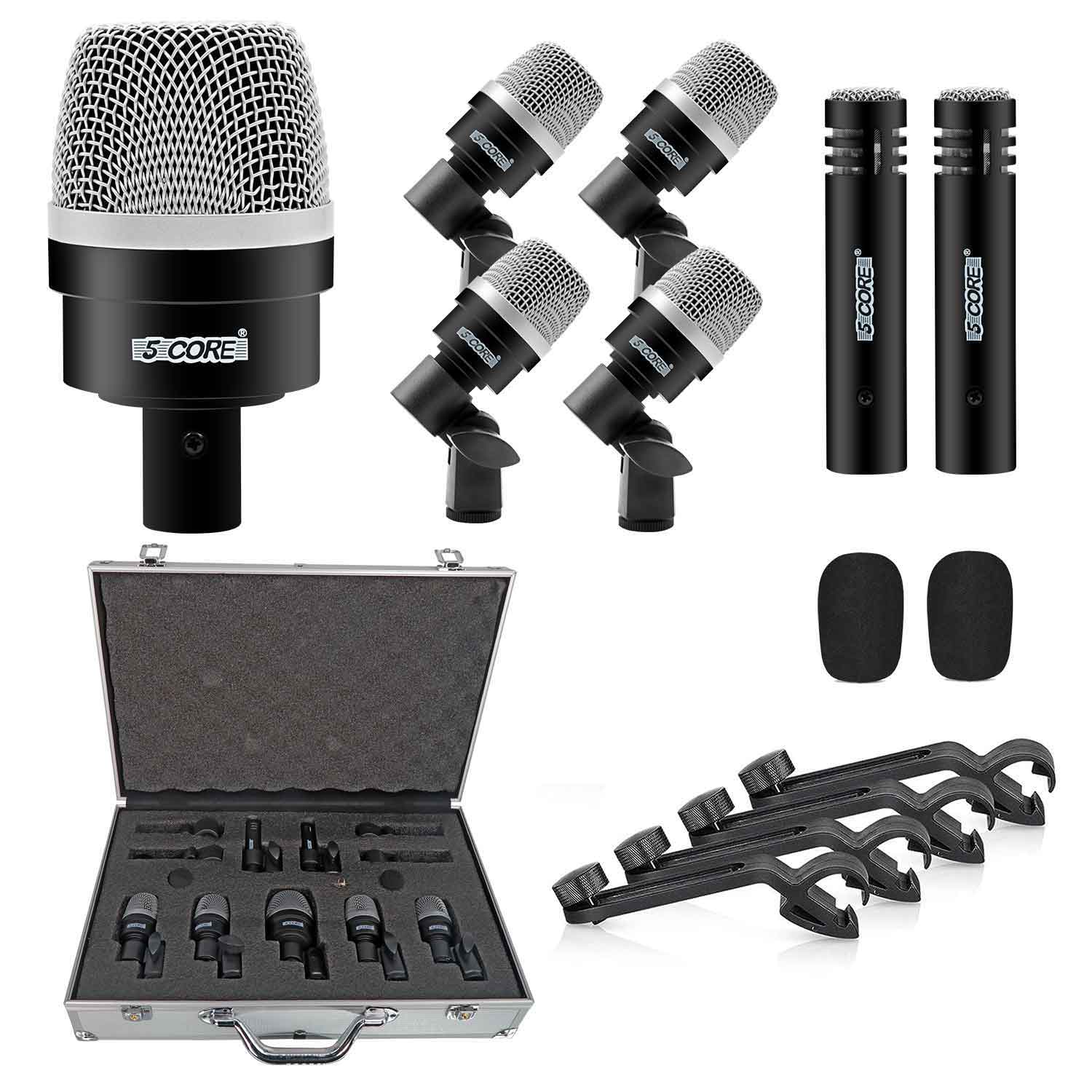 5 Core 7 Piece Drum Microphone Kit • Dynamic XLR Mic • Kick Bass Tom Snare Cymbal Set for Drummers