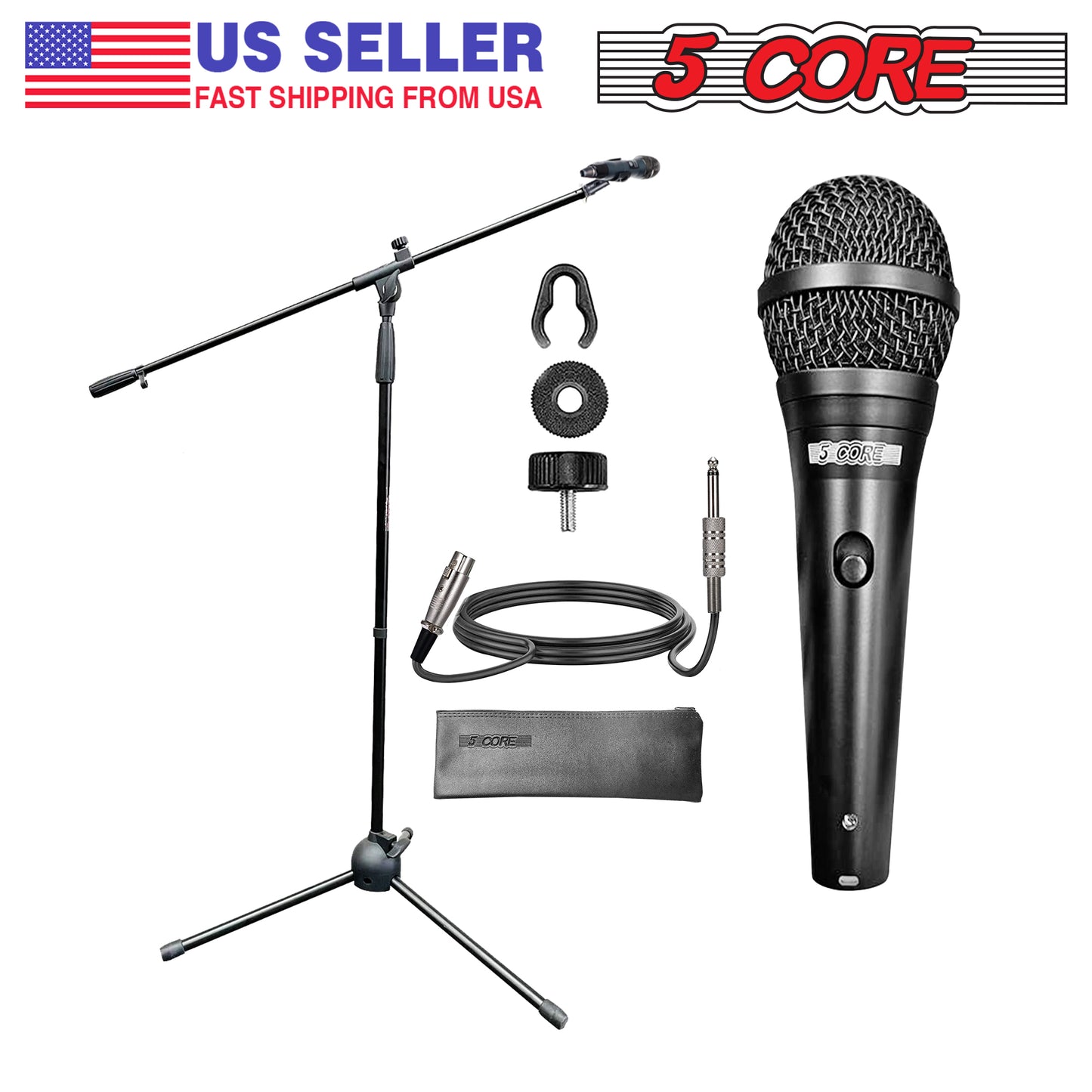 5 Core Foldable Tripod Mic Stand + Premium Vocal Dynamic Cardioid Mic Combo: Adjustable height, telescoping boom arm, secure tension lock. Includes 16ft XLR cable, mic clip, on/off switch. Ideal for karaoke MS 080 +ND58