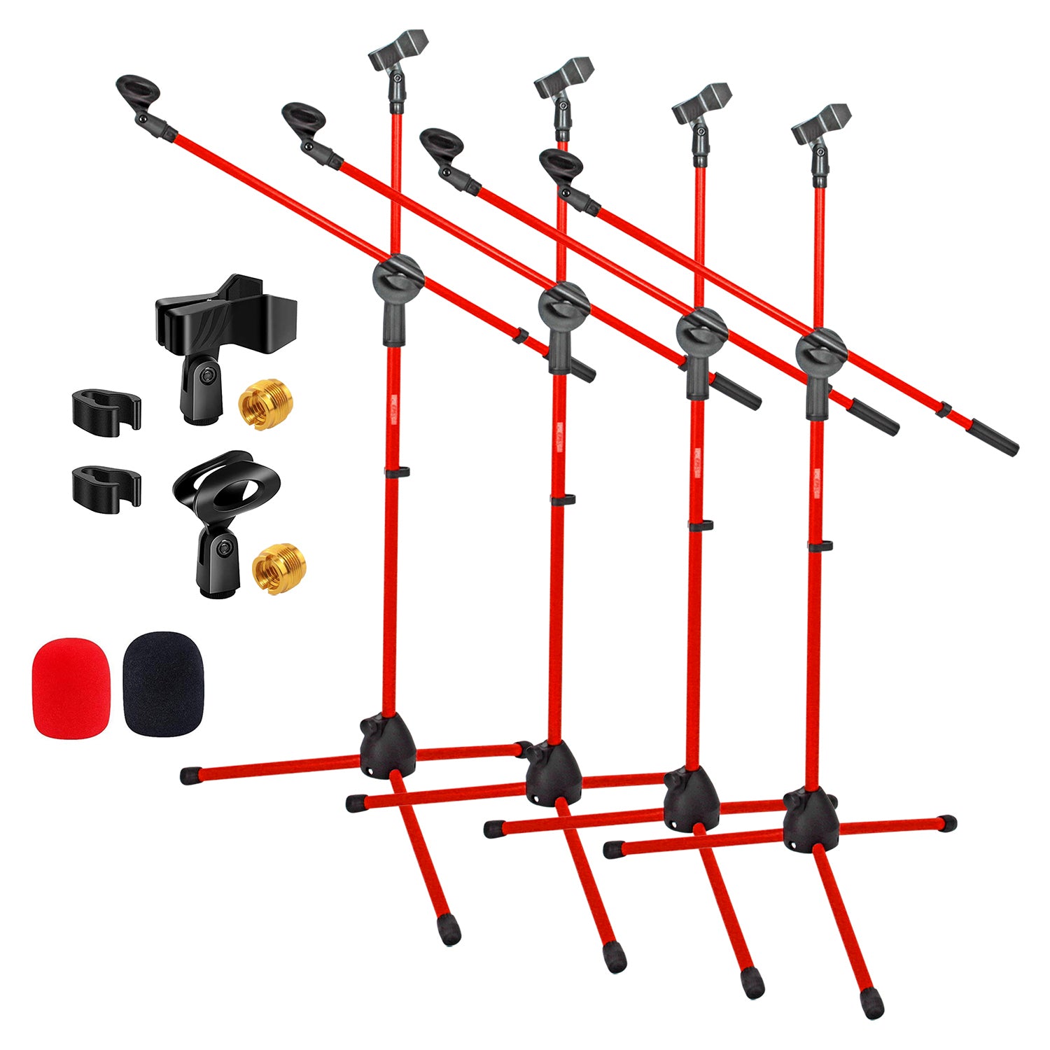 5Core Tripod Mic Stand Height Adjustable Universal Microphone Mount Floor Stands w Boom Red 1/2/4 Pc
