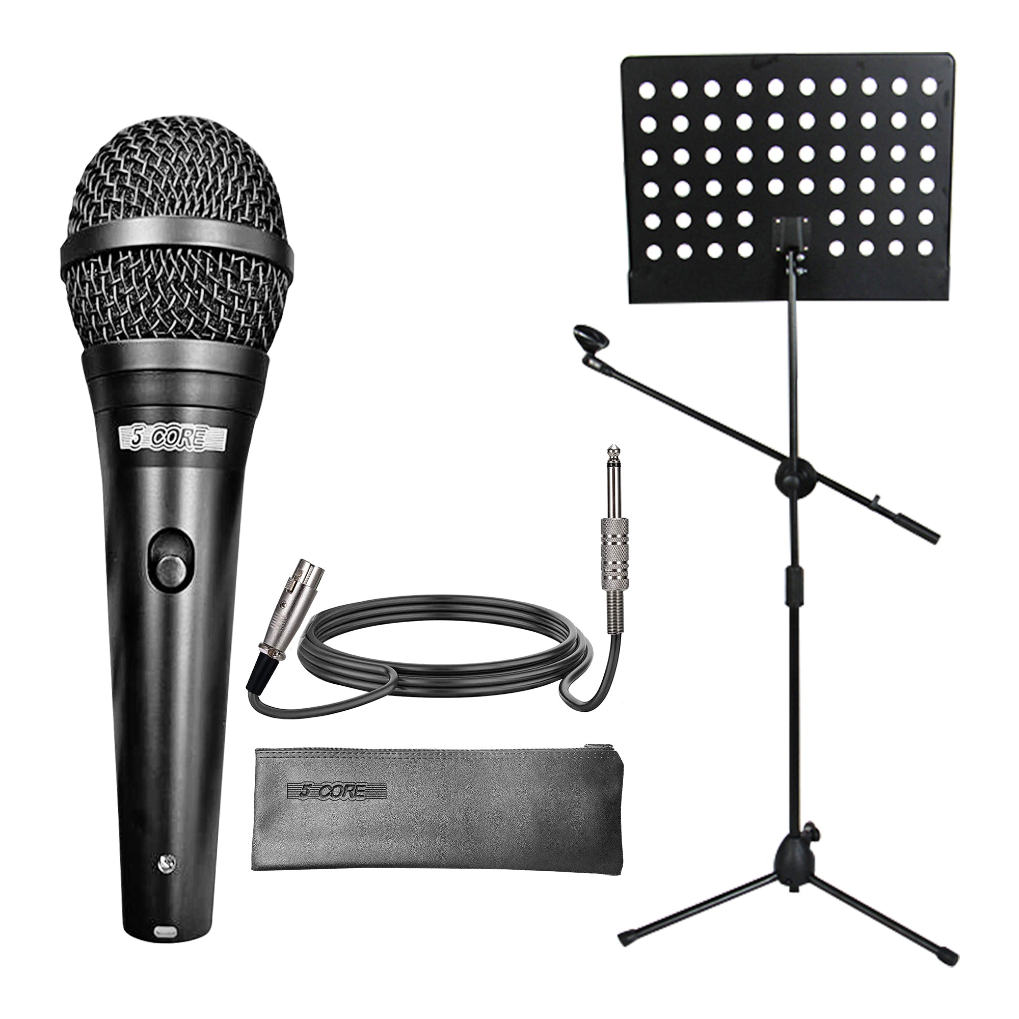 5 Core Mic Stand Combo Tripod Stand with Music Sheet Holder Premium Vocal Dynamic Mic Includes Cable and Carry Bag - MUS MH+ND58BLK
