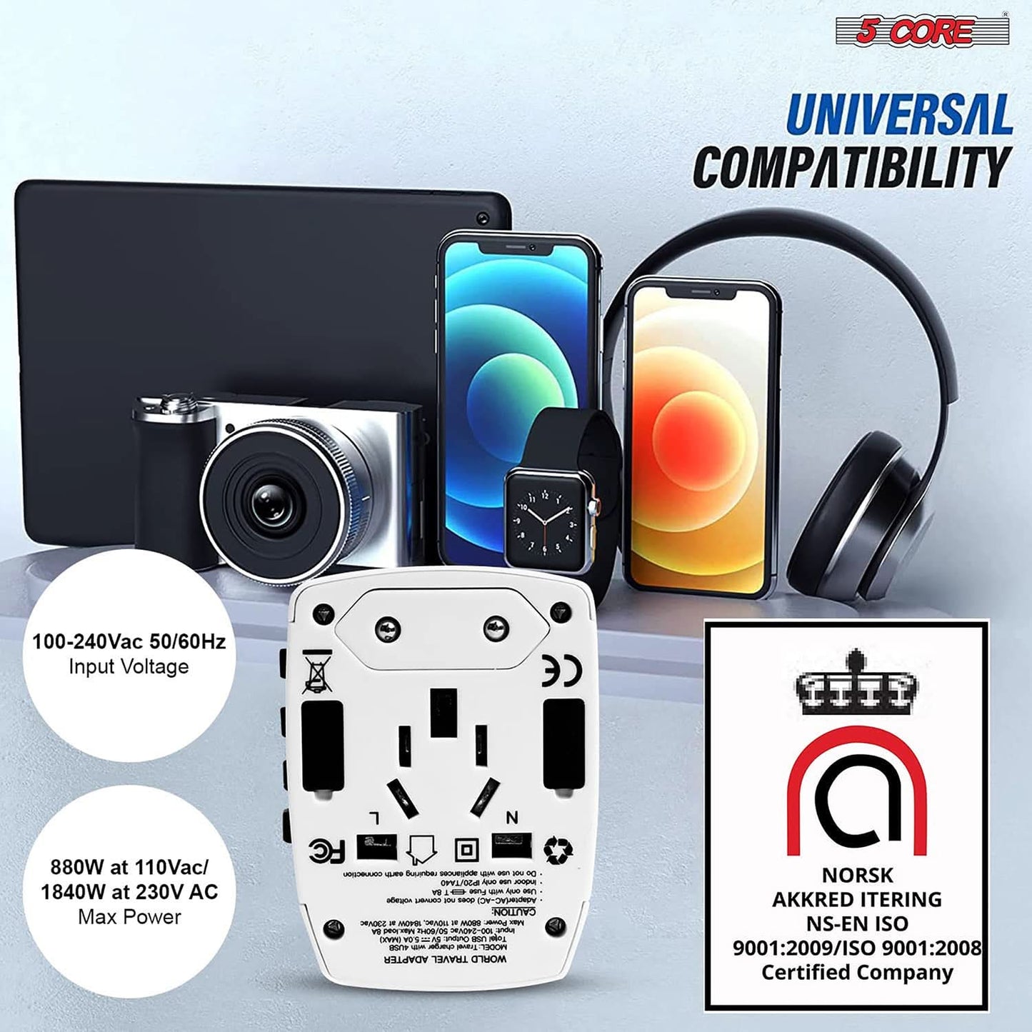 5 Core 3 Pieces Charger Universal Adapter Multi Outlet Port 4 USB Phone Power All in One Multi Cable Multiple Phone Charge 2.1 Amp Wall Plug White, Red & Black UTA 3pcs BRW