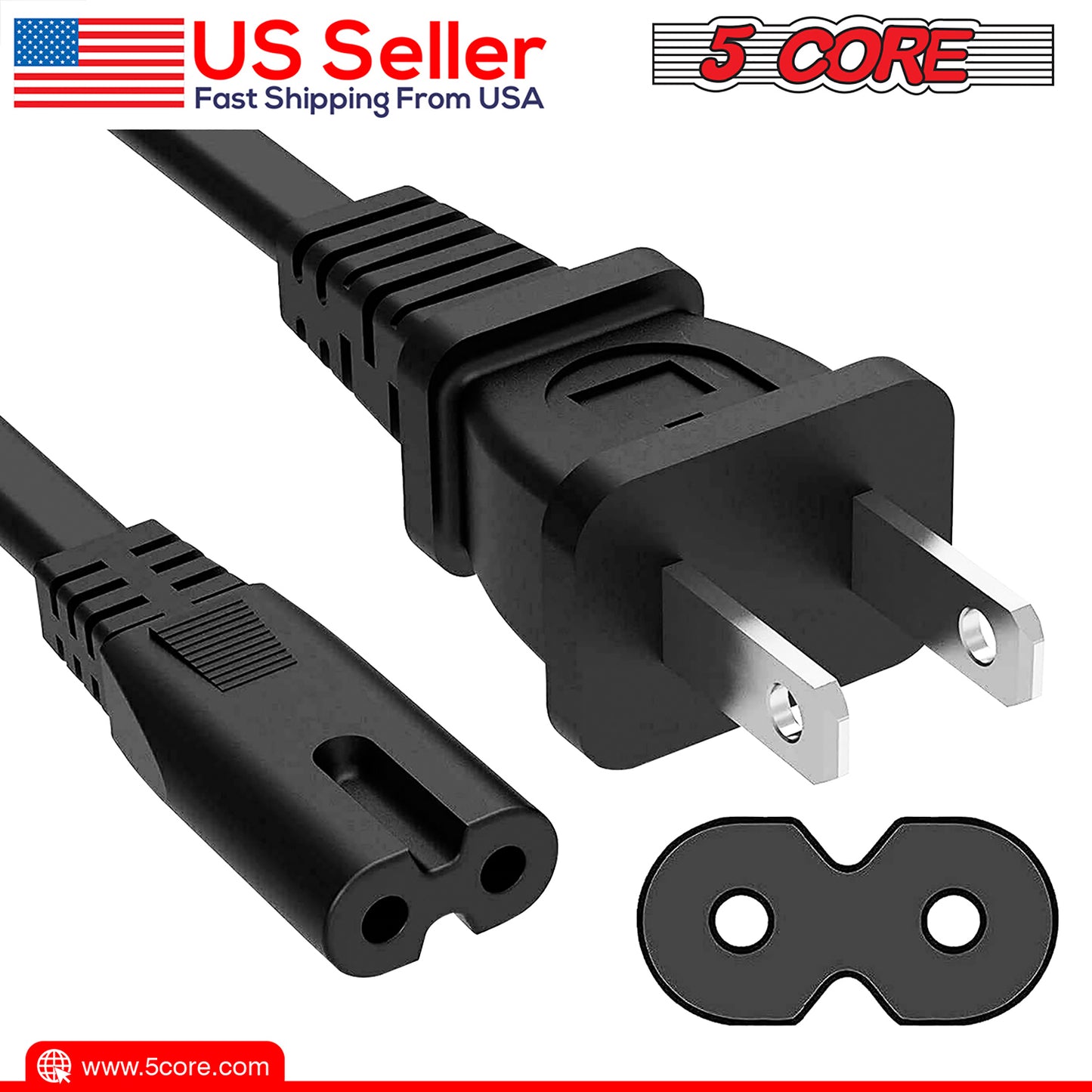 5 Core Extra Long 6ft 2 Prong Non-Polarized AC Wall Power Cable 2 Slot Cord for HP Dell Samsung Sony Asus Acer Toshiba Laptop Charger LED LCD Monitor Replacement Power Cord PP 1001