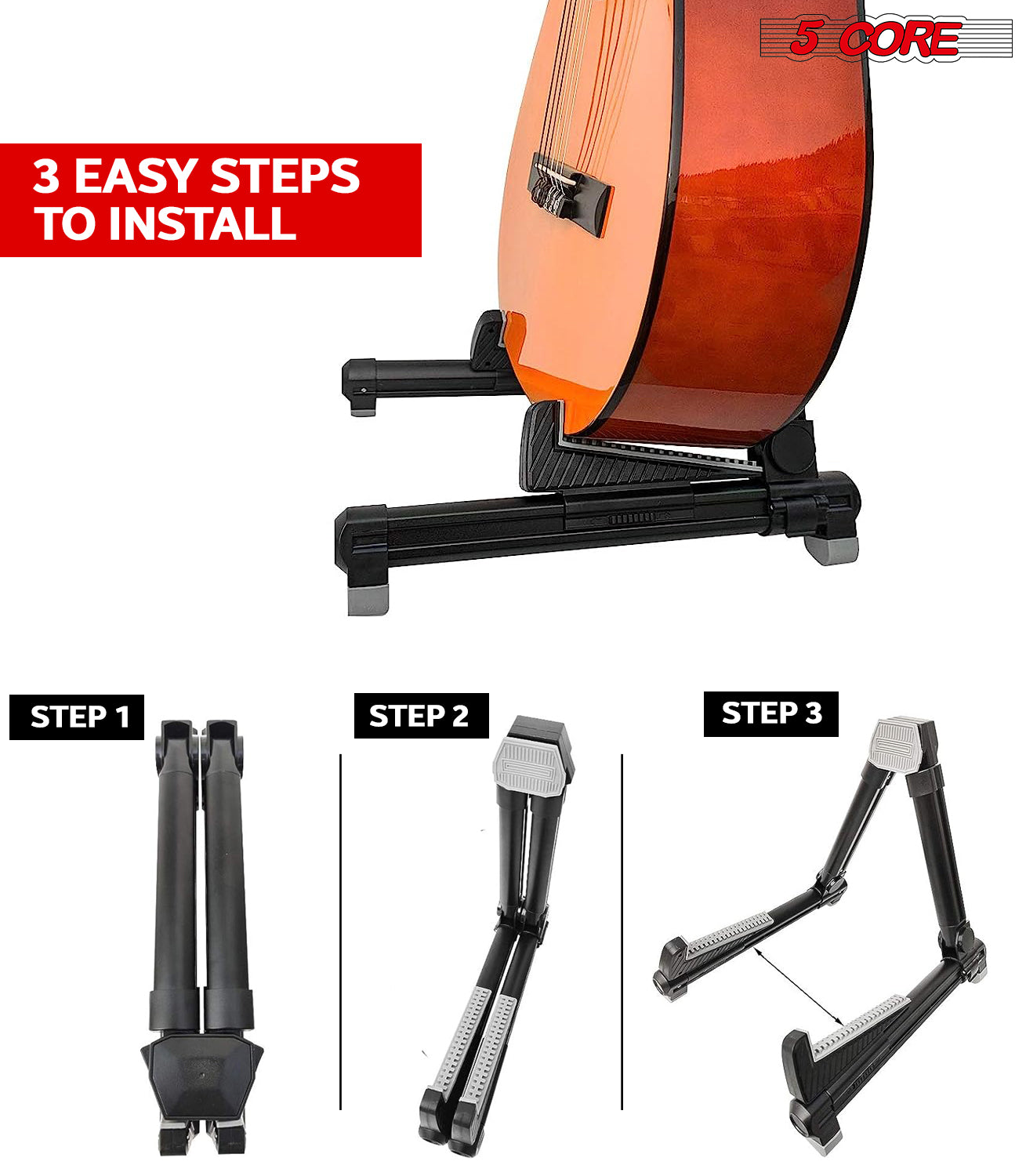 5 Core Guitar Stand Black| Lightweight Premium Aluminum Build Adjustable A-Frame Stand| Folding Floor Portable Music Instrument | Stand for Bass, Violin, Ukulele, Electric, and acoustic guitars- GSS AL BLK