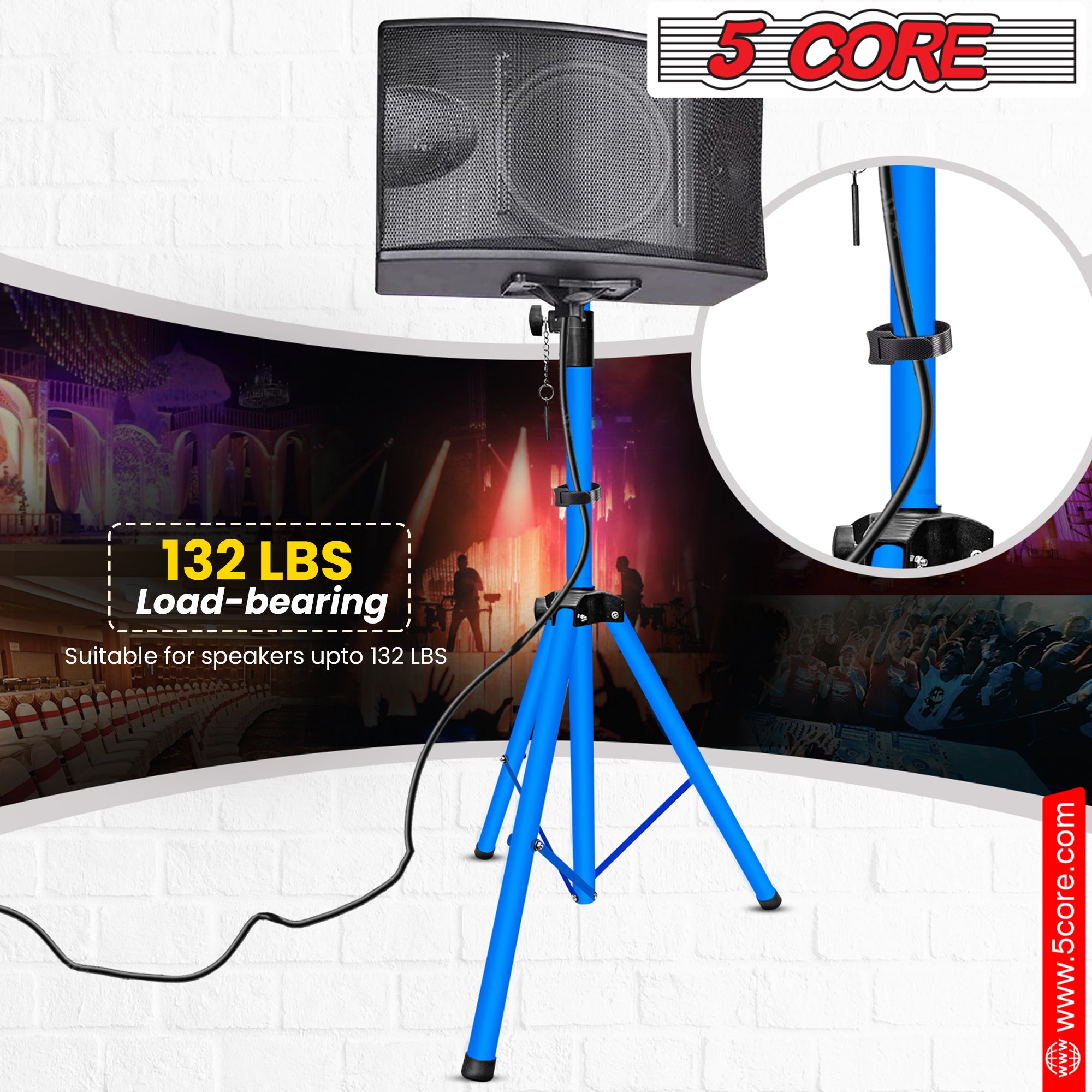 Compatible with various speakers, adjustable height, outdoor use.