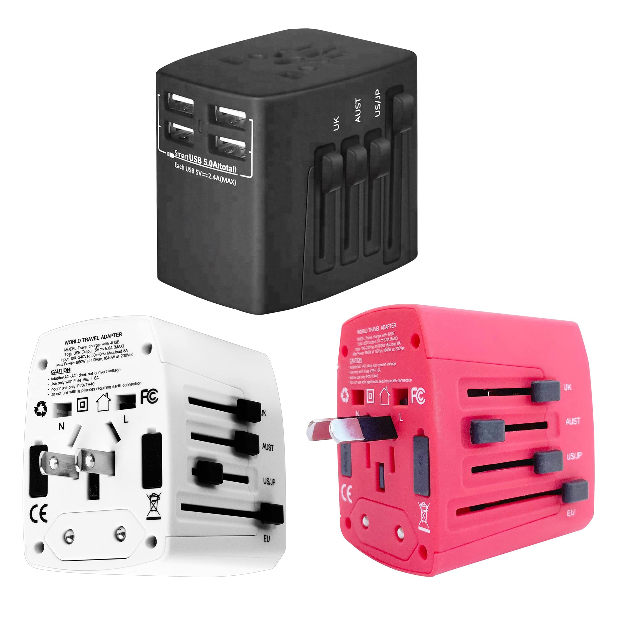 5 Core Travel Adapter 3 Pieces International Power Adapter Plug Multi Outlet Port 4 USB Travel Charger Universal AC Plug Outlet Adapter- UTA 3pcs BRW