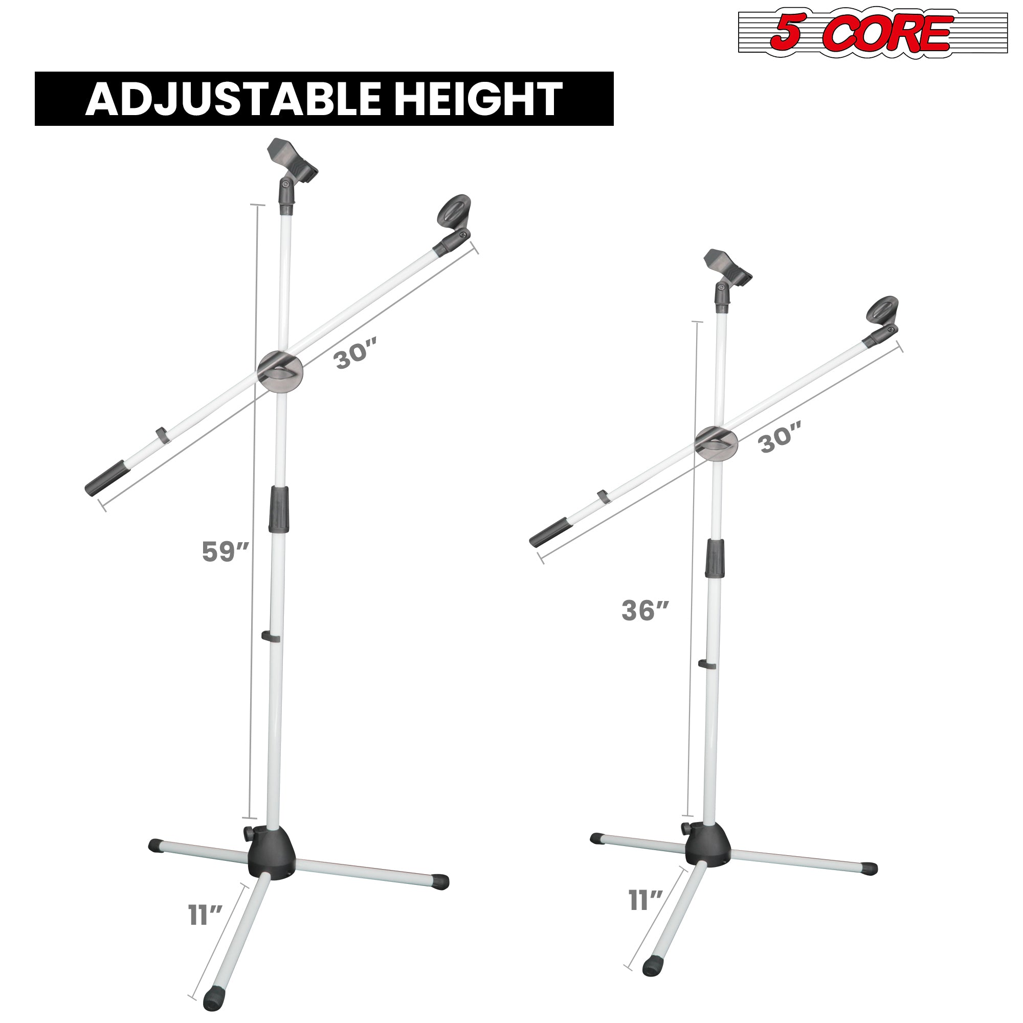 5 Core Tripod Mic Stand 1Pc Height Adjustable Max 59" Universal Microphone Mount Floor Stands w Boom - MS DBL G WH