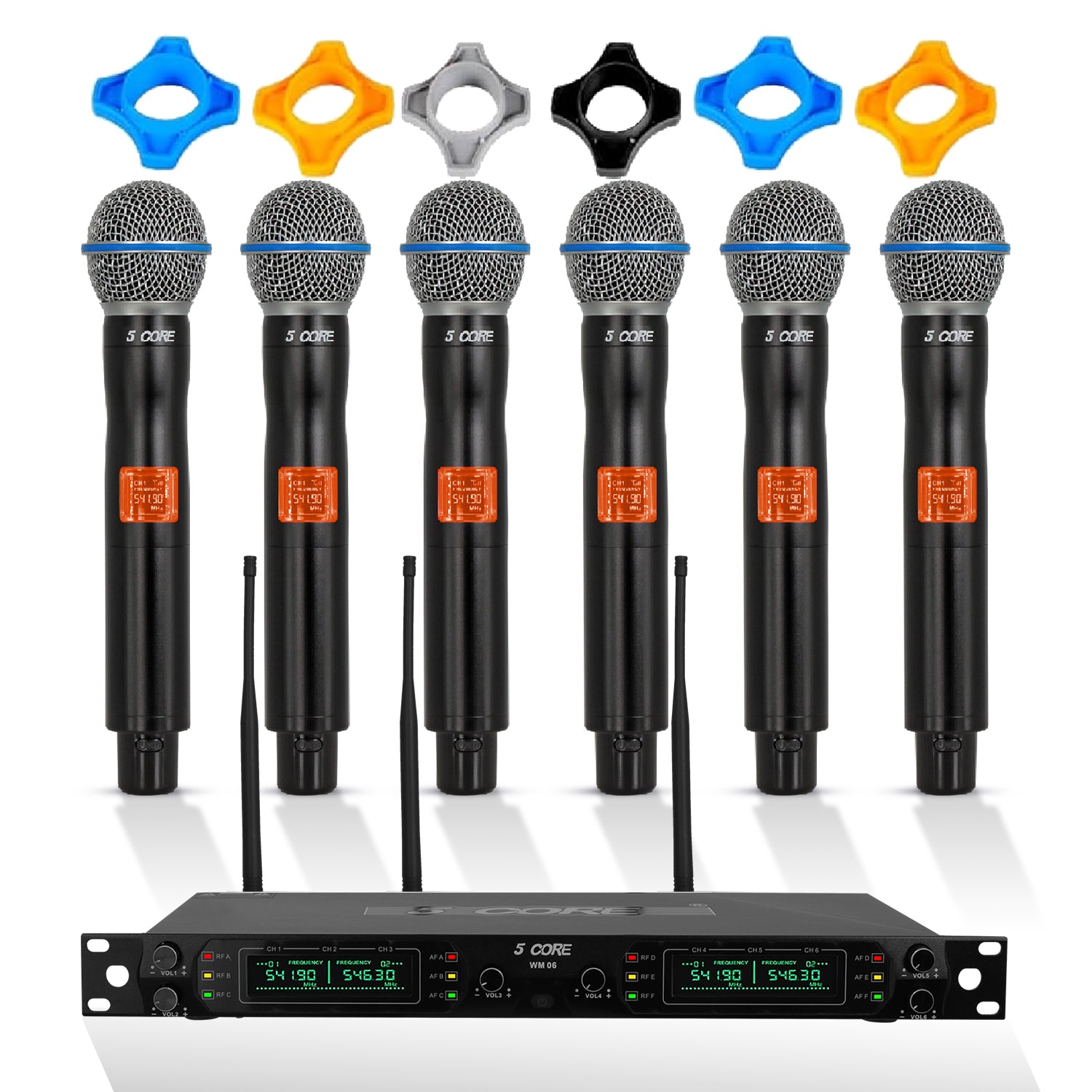 5 Core Wireless Microphone System 6 Channel UHF Portable Receiver w 6 Cordless Dynamic Mic 492F Range