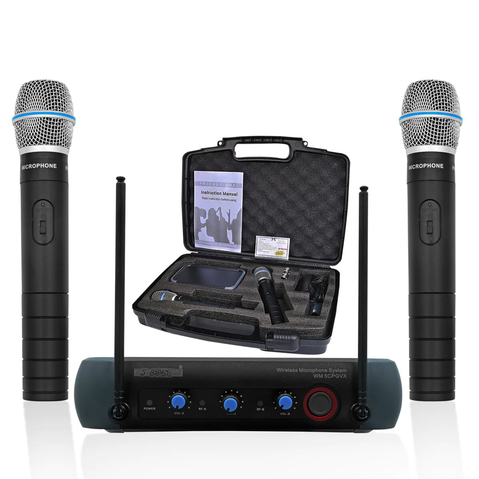 5 Core Professional Wireless Microphone System • VHF Fixed Frequency • 200FT Range • 2 Handheld Mics