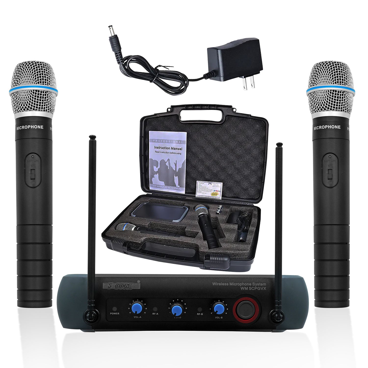 5Core Professional Wireless Microphone VHF Fixed Frequency Microfono Inalambrico 200FT Range 2 Handheld Mics