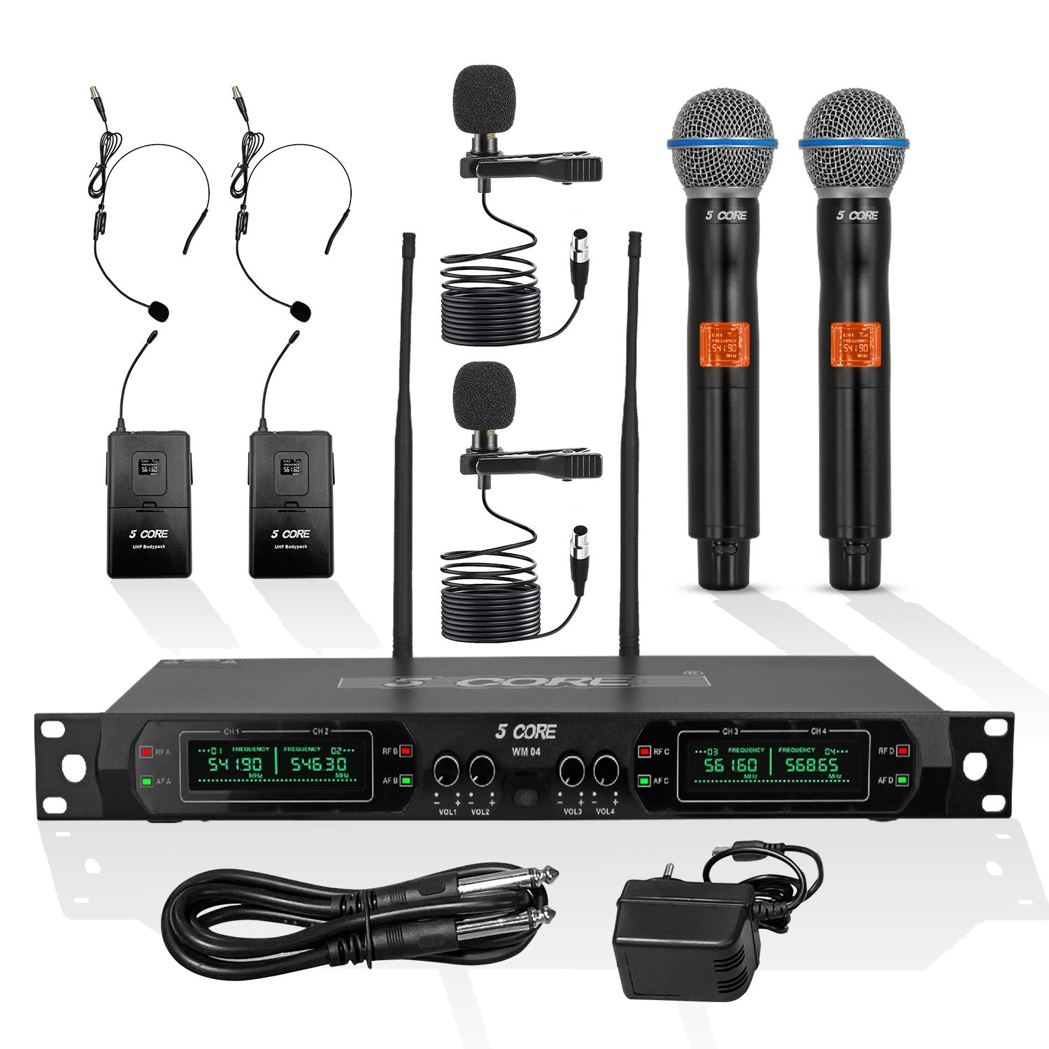 5 Core Wireless Microphones Set 4 Channel Fixed Frequency UHF Mic System Max 260ft Range w 2 Handheld 2 Lapel 2 Headset Mic