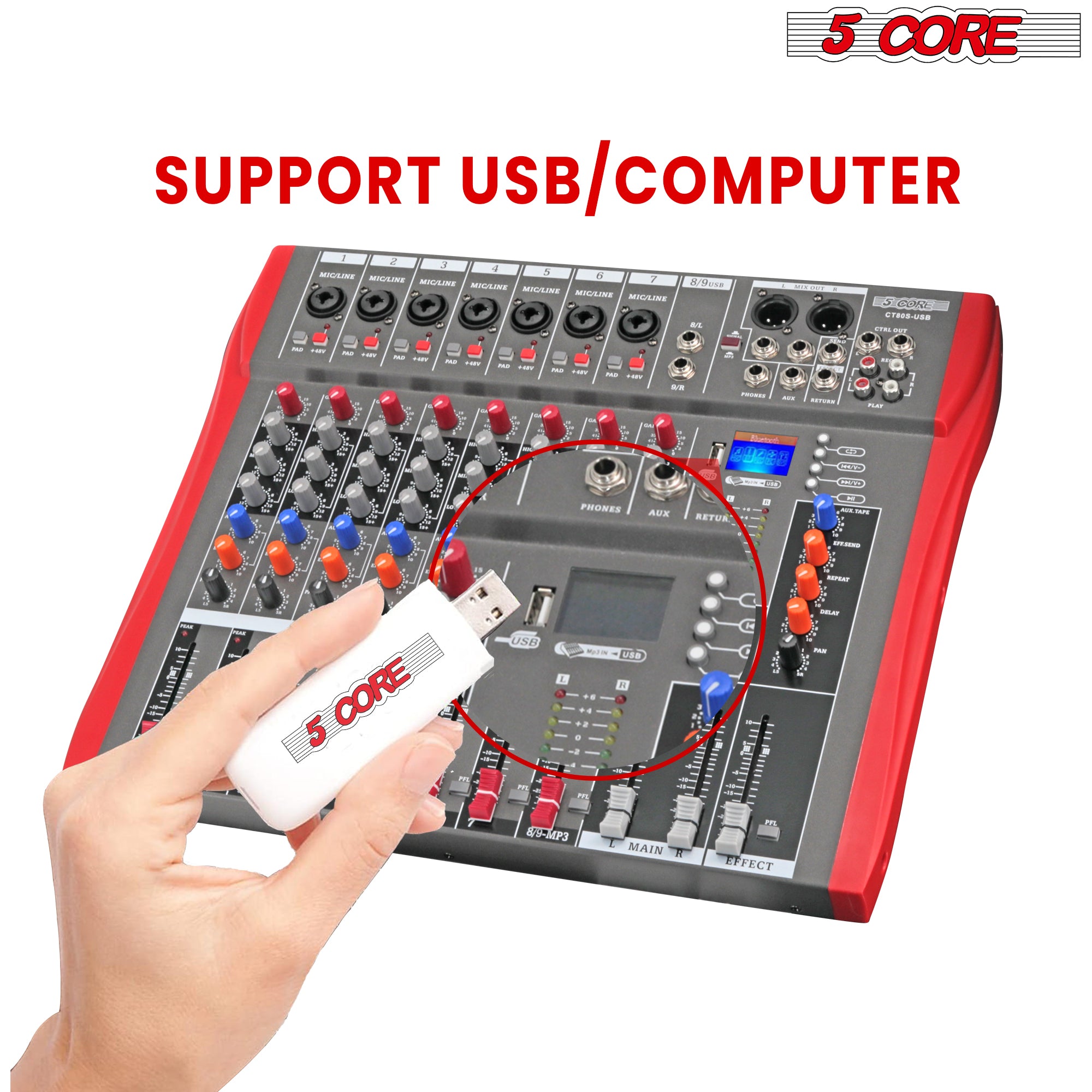 Audio mixer professional, versatile sound control with Bluetooth and USB features.