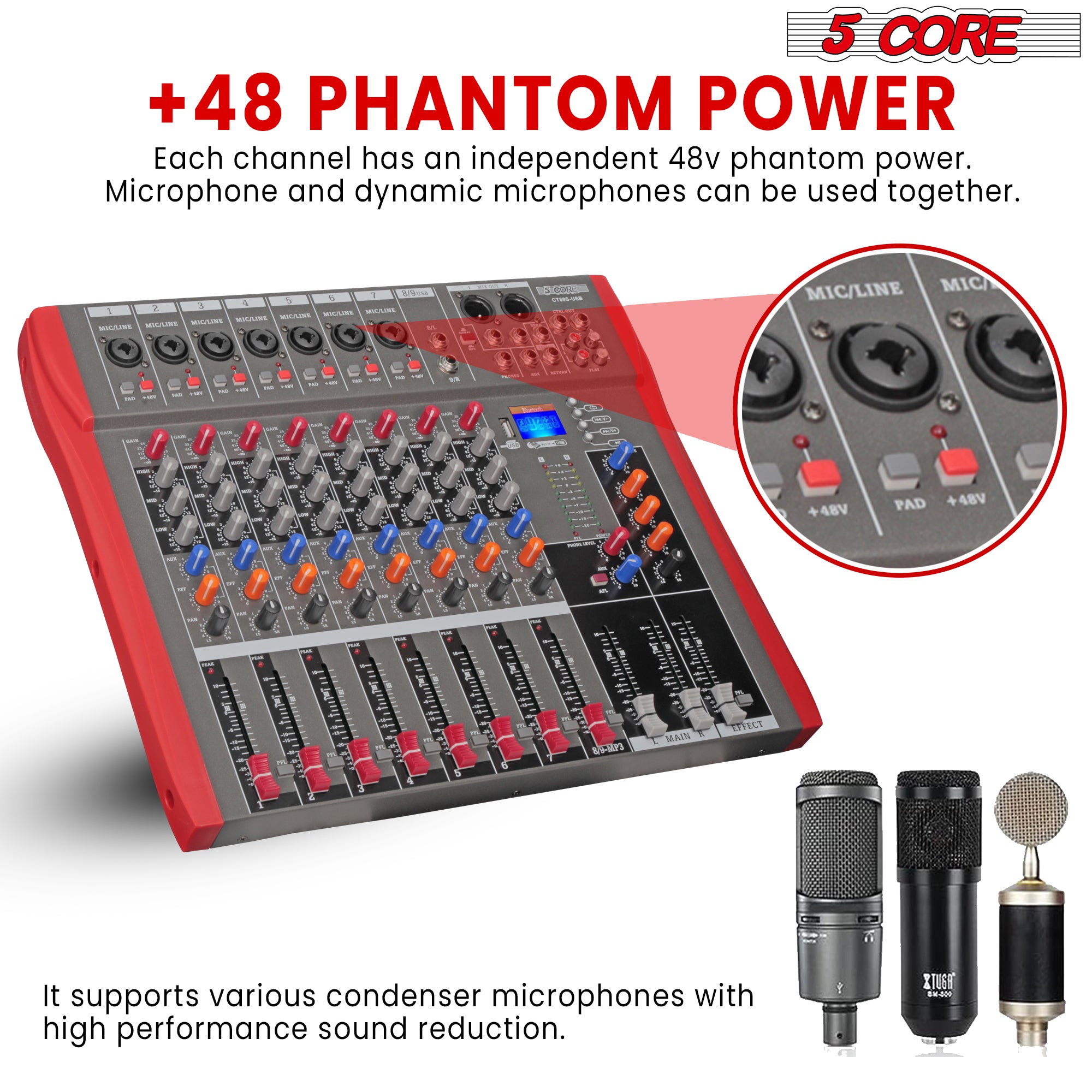 Audio mixer 8 channel has an independent +48v phantom power.