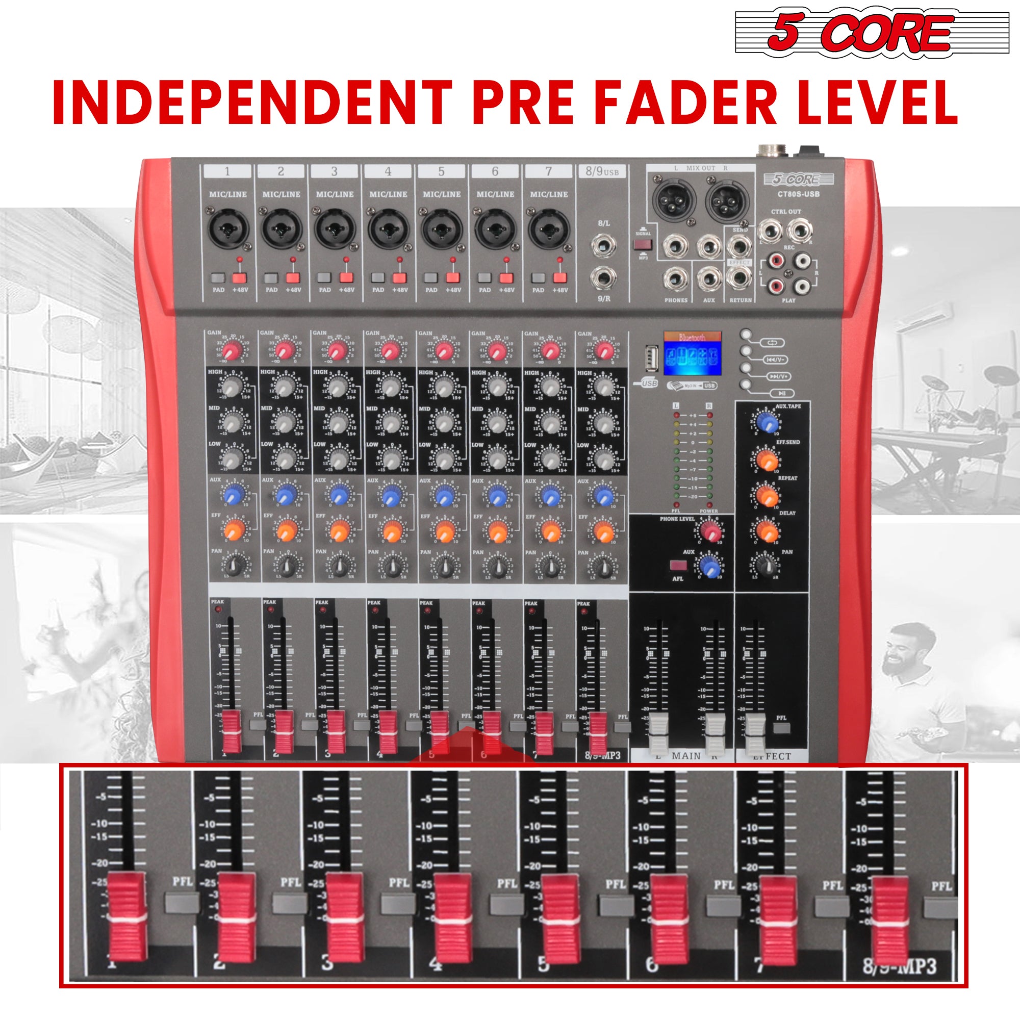 5 Core Audio Mixer DJ Equipment Digital Sound Board Karaoke XLR Mixers Professional 8 Channel Bluetooth USB w Effects for Recording Music Studio PC Podcast Instruments Consola De Sonido - MX 8CH