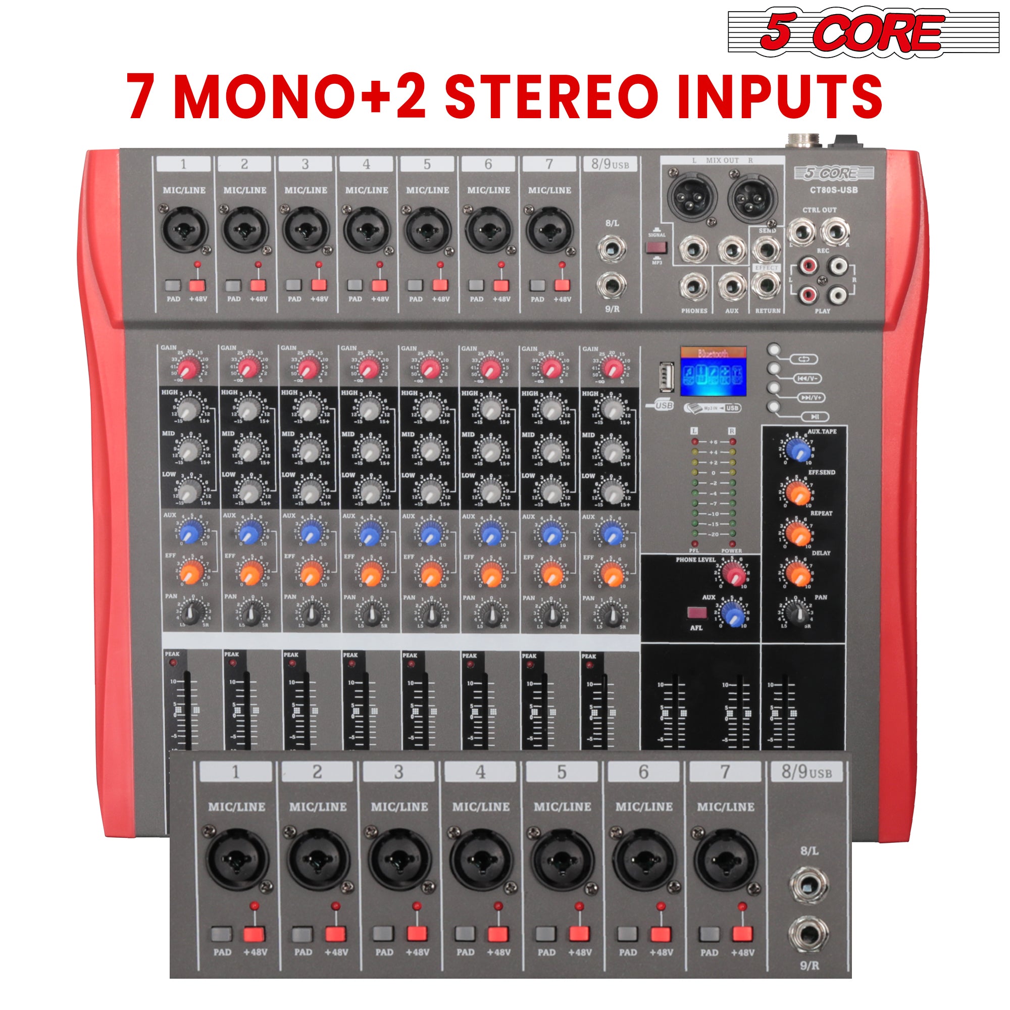 Dj mixer has 7 Mono + 2 Stereo Inputs.