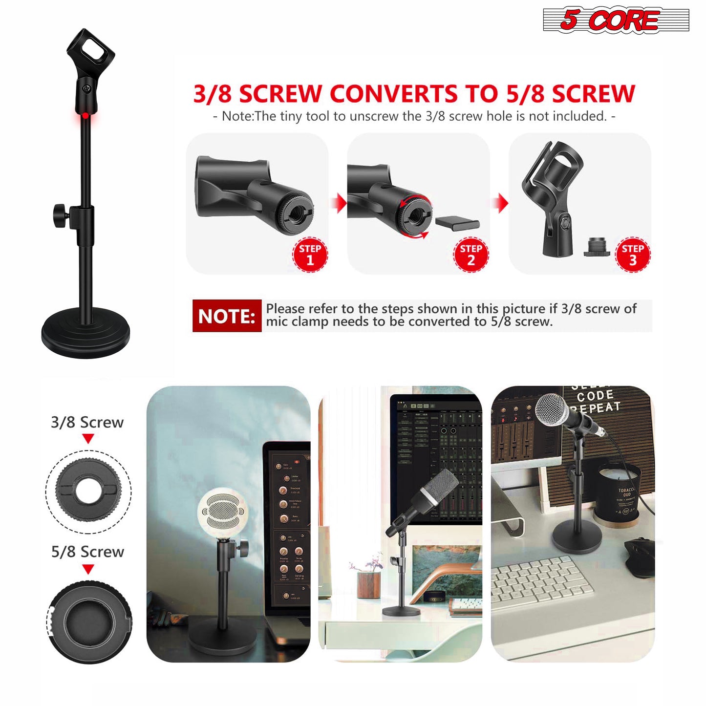5 Core Desktop Microphone Stand, Upgraded Height Adjustable Table Mic Stand with Mic Clip MS RBS BOOM