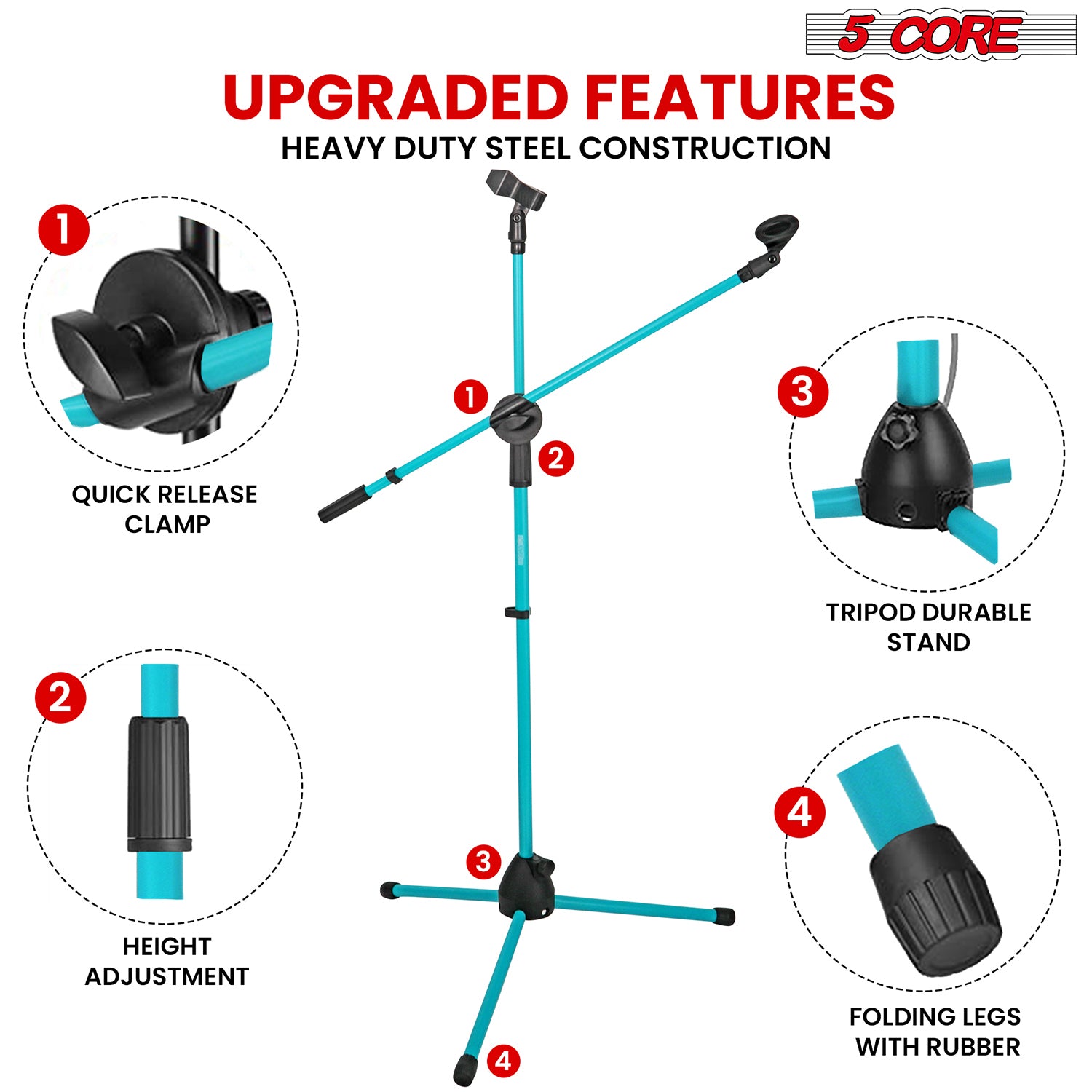 5 Core Tripod Mic Stand 59" Adjustable Microphone Stands Holder Floor w Boom Arm Sky Blu 4Pcs