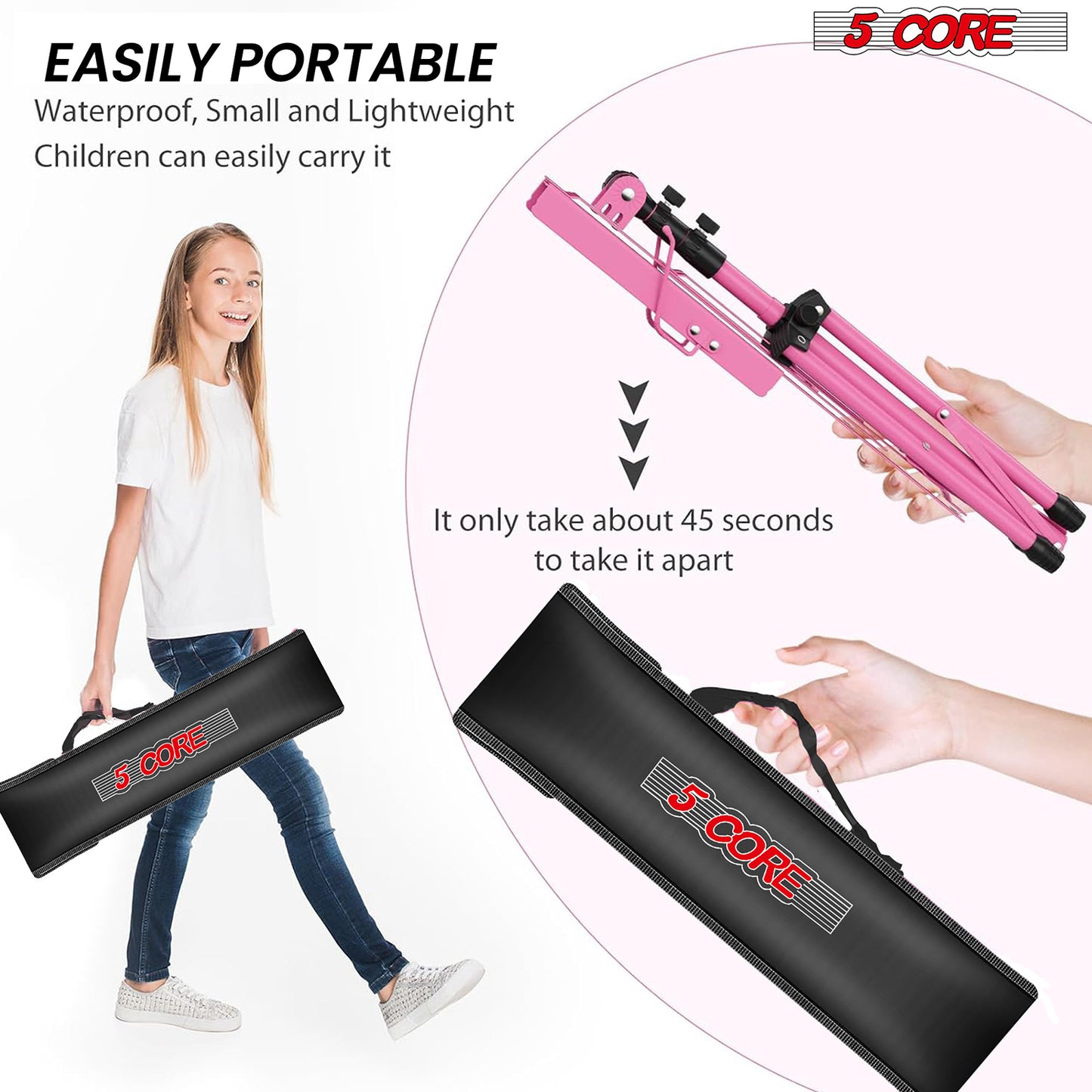5 Core Music Stand, 2 in 1 Dual-Use Adjustable Folding Sheet Stand Pink / Metal Build Portable Sheet Holder / Carrying Bag, Music Clip and Stand Light Included - MUS FLD PNK