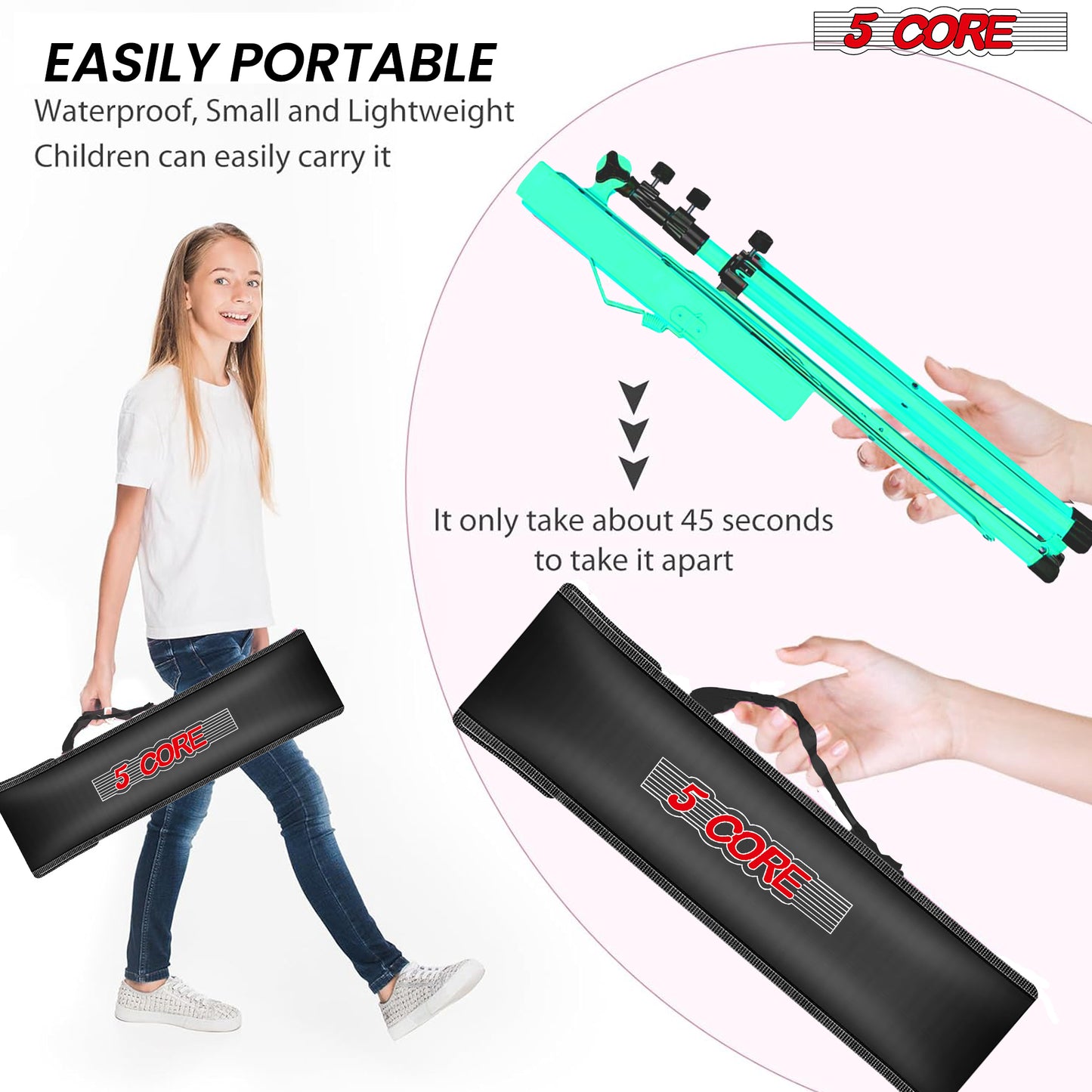 5 Core Music Stand, 2 in 1 Dual-Use Adjustable Folding Sheet Stand Green / Metal Build Portable Sheet Holder / Carrying Bag, Music Clip and Stand Light Included - MUS FLD GR