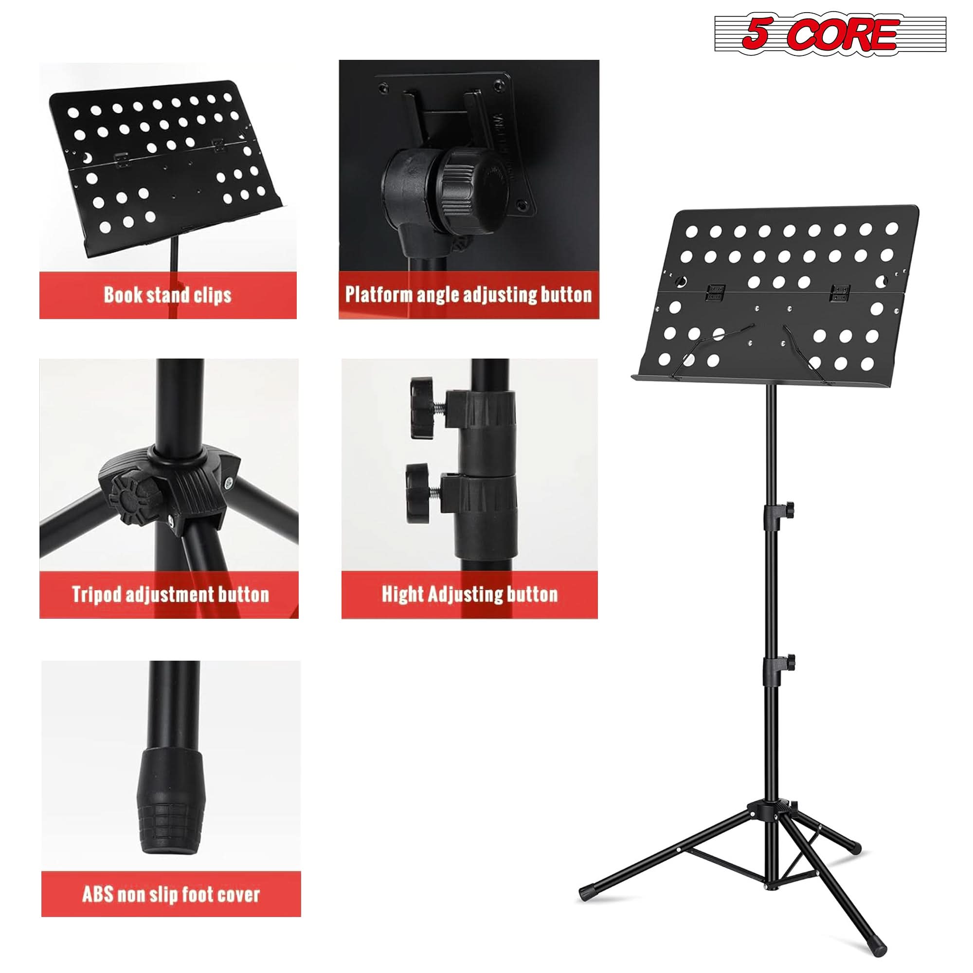5 Core Music Stand for Sheet Music Heavy Duty Folding Portable Stands Book Clip Holder Music Accessories And Travel Carry Bag -MUS FLD HD ACC