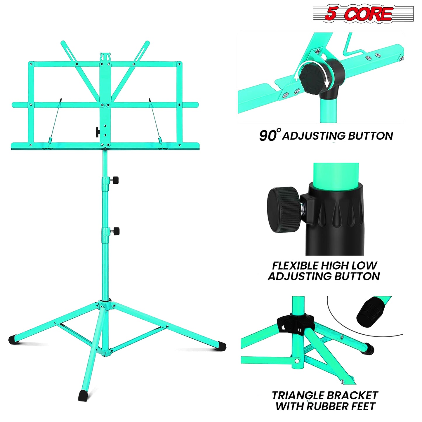 5 Core Music Stand, 2 in 1 Dual-Use Adjustable Folding Sheet Stand Green / Metal Build Portable Sheet Holder / Carrying Bag, Music Clip and Stand Light Included - MUS FLD GR