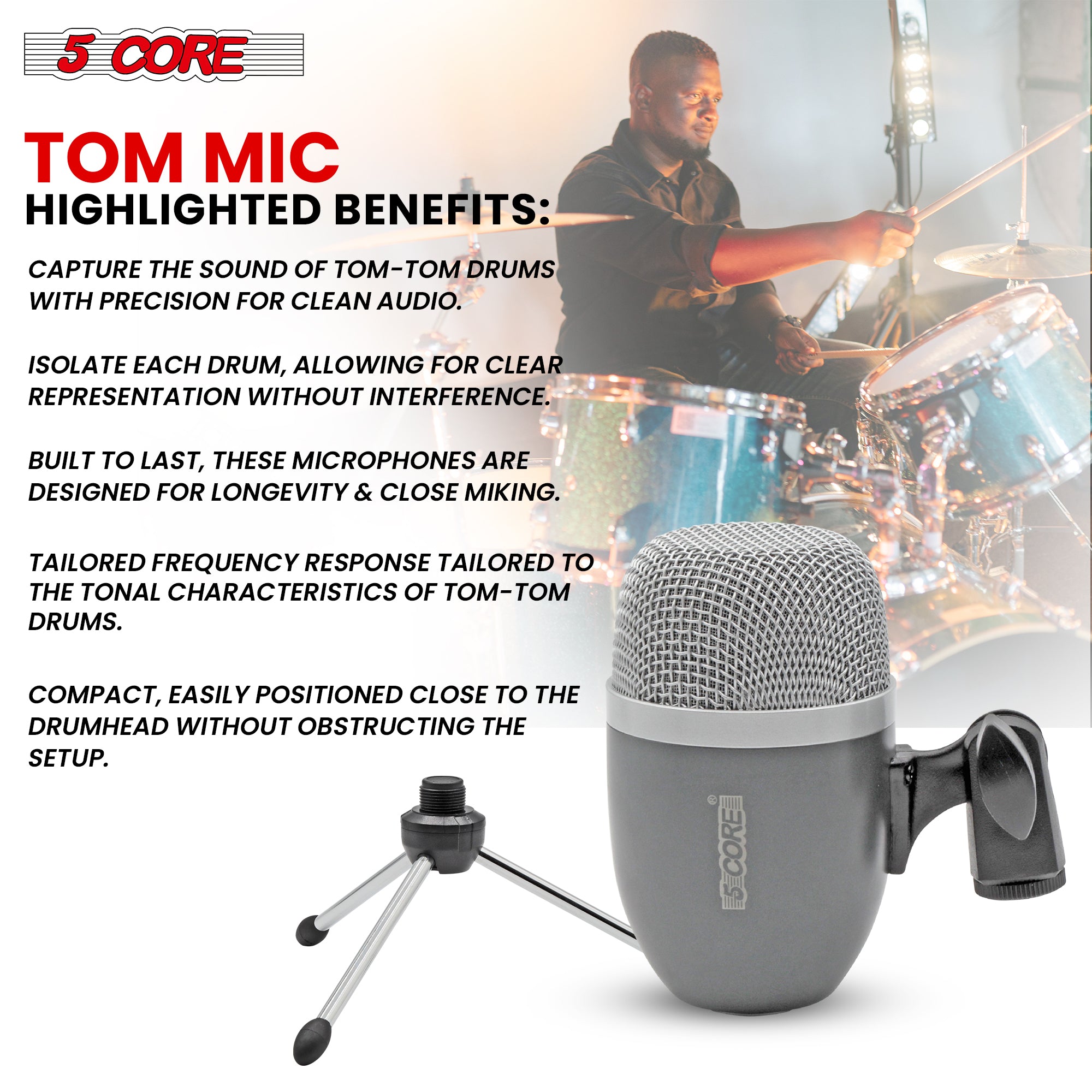 Sleek Grey Dynamic Microphone - 5 Core TOM MIC GREY, Perfect for Drum Kits and Precision Instruments.