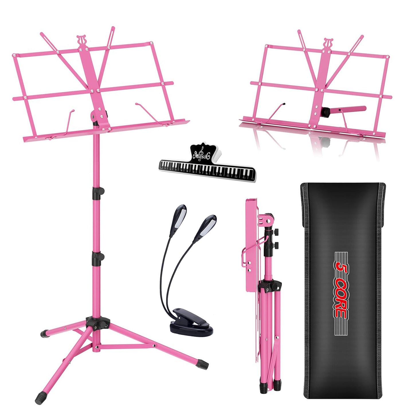 5 Core Music Stand, 2 in 1 Dual-Use Adjustable Folding Sheet Stand Pink / Metal Build Portable Sheet Holder / Carrying Bag, Music Clip and Stand Light Included - MUS FLD PNK