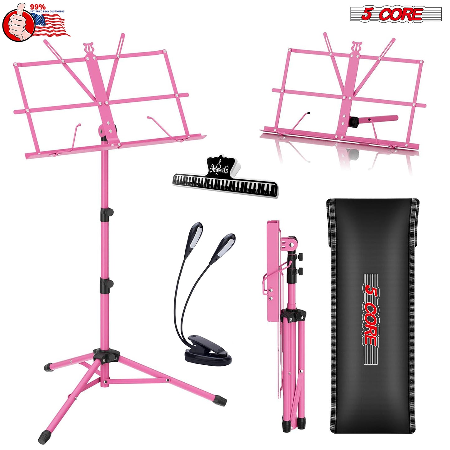 5 Core Music Stand, 2 in 1 Dual-Use Adjustable Folding Sheet Stand Pink / Metal Build Portable Sheet Holder / Carrying Bag, Music Clip and Stand Light Included - MUS FLD PNK