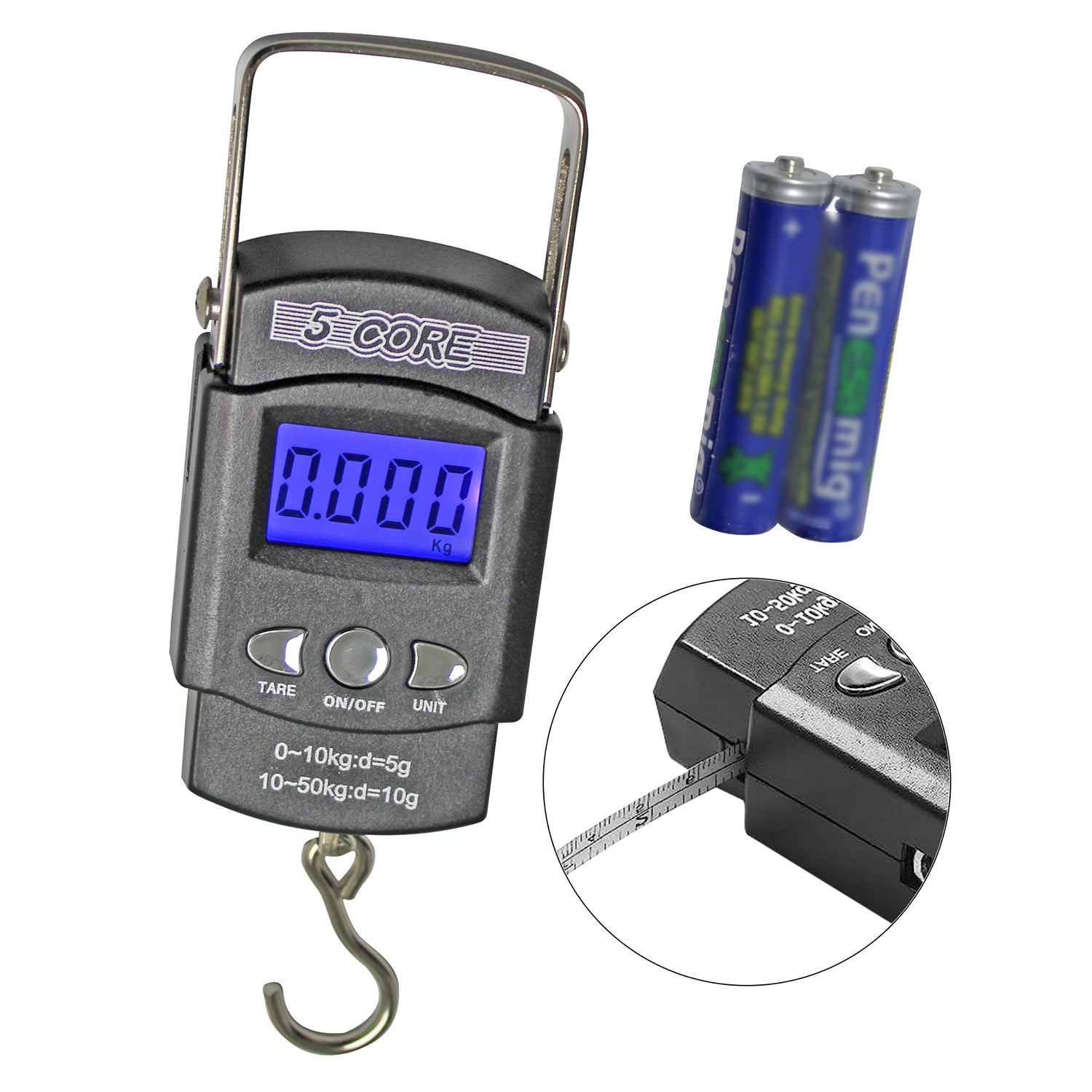 5 Core Fishing Scale 110lb/50kg • Hanging Digital Luggage Weighing Scales w Measuring Tape 1/2 Pc