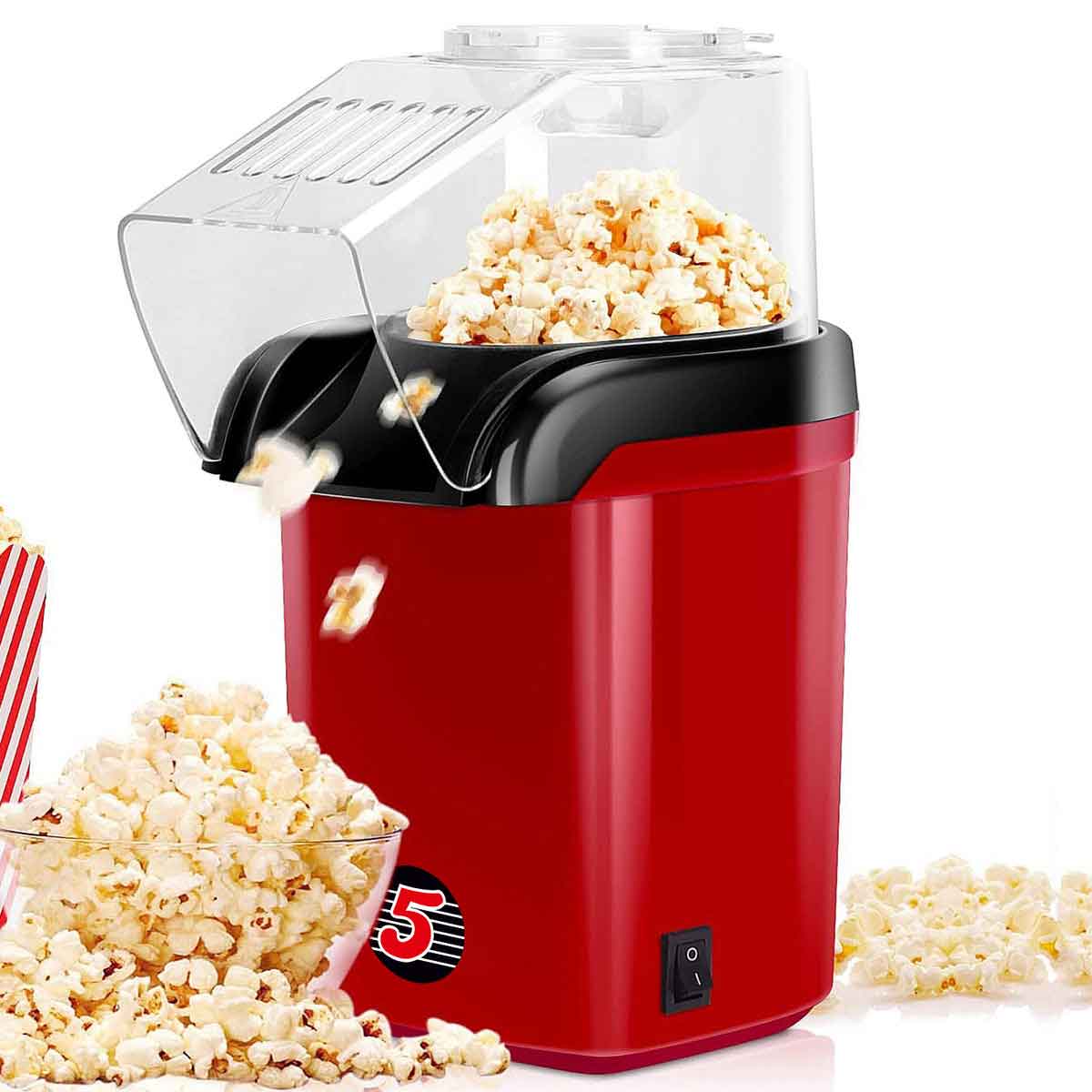 5 Core Hot Air Popcorn Popper Red 1200W Electric Popcorn Machine Kernel Corn Maker Bpa Free, 16 Cups Capacity
