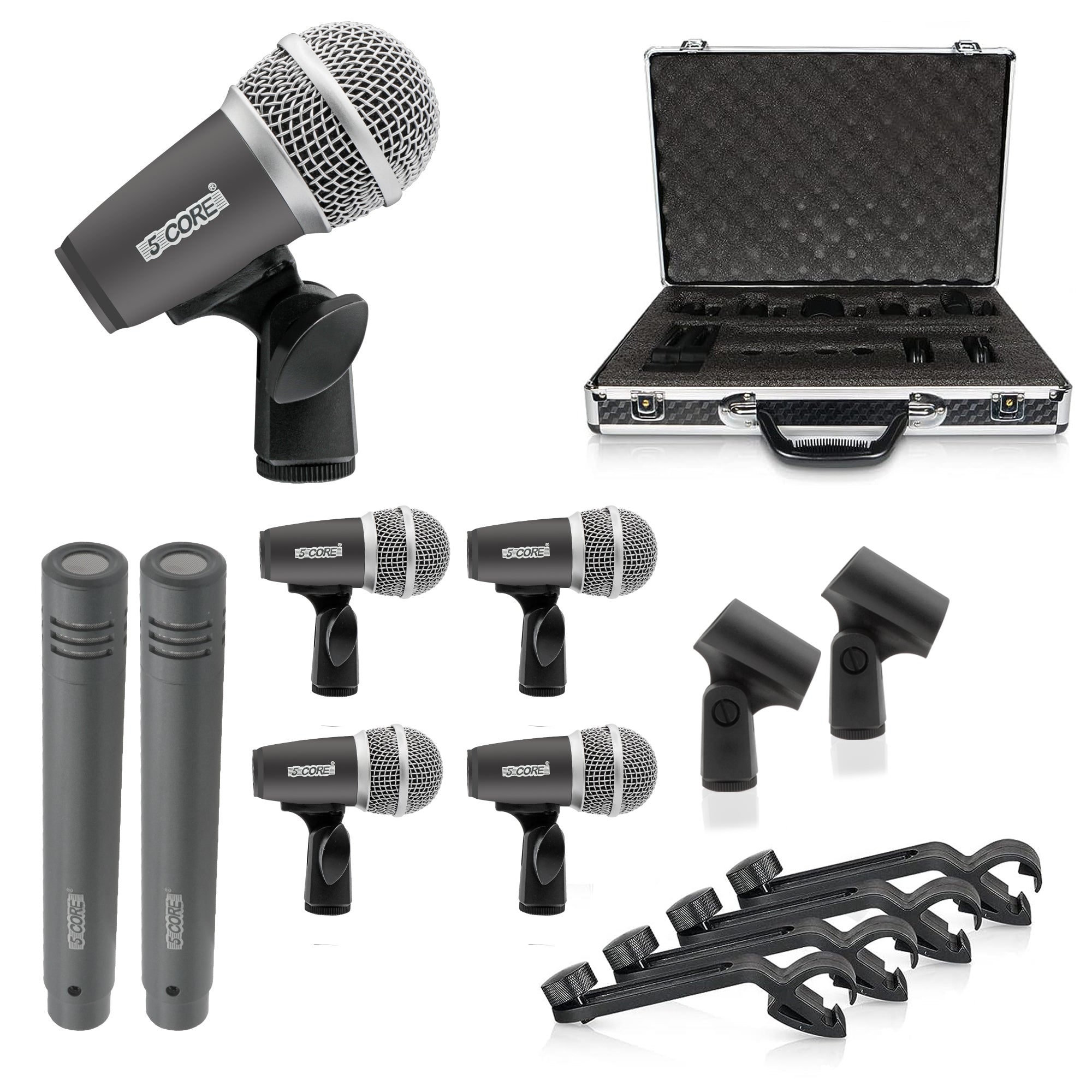 5 Core Drum Mic Kit 7 Piece Dynamic XLR Kick Bass Tom Snare Microphone Set for Drummers Grey