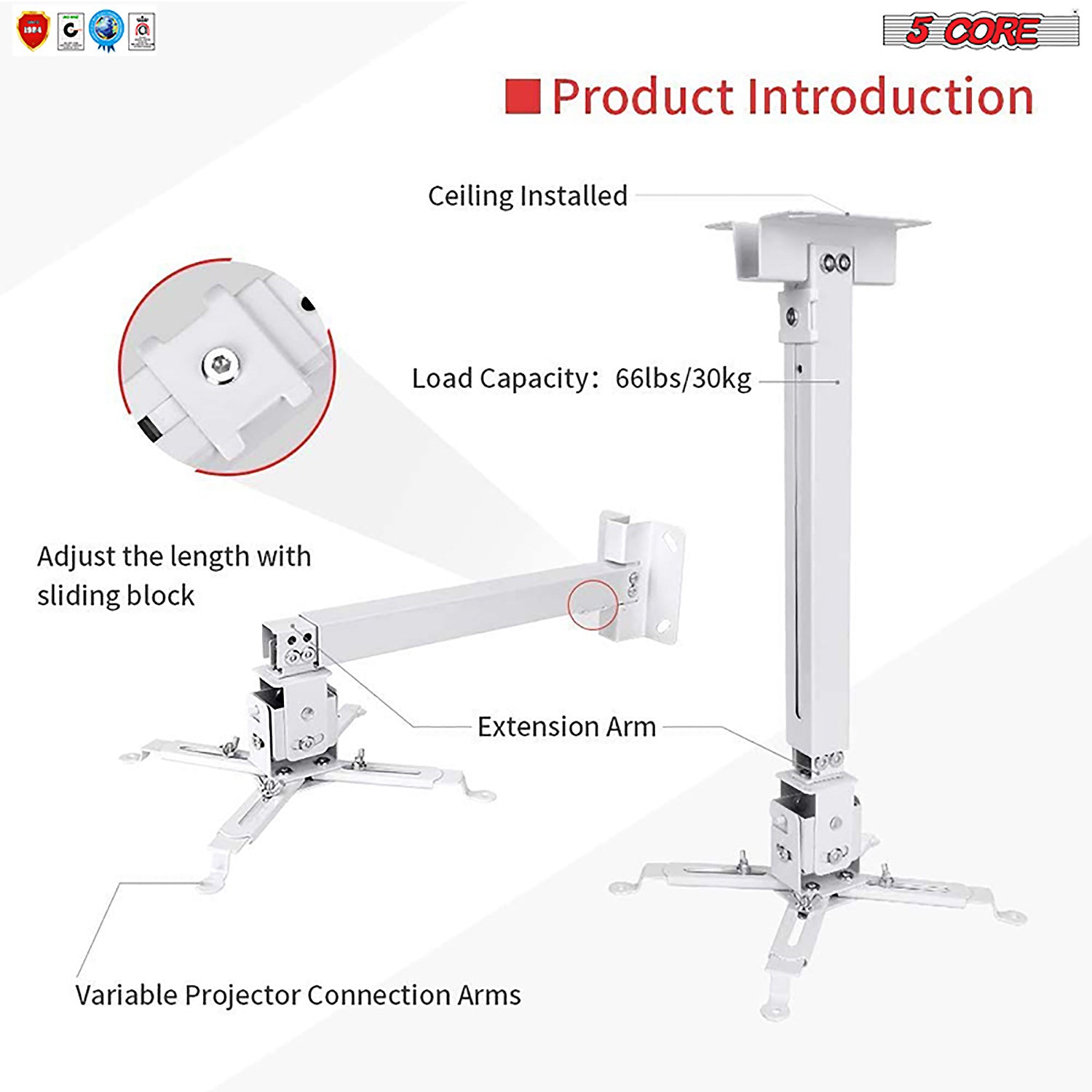 5Core Projector Ceiling Wall Mount Adjustable Low Profile Universal Projector Holder Capacity 40lb