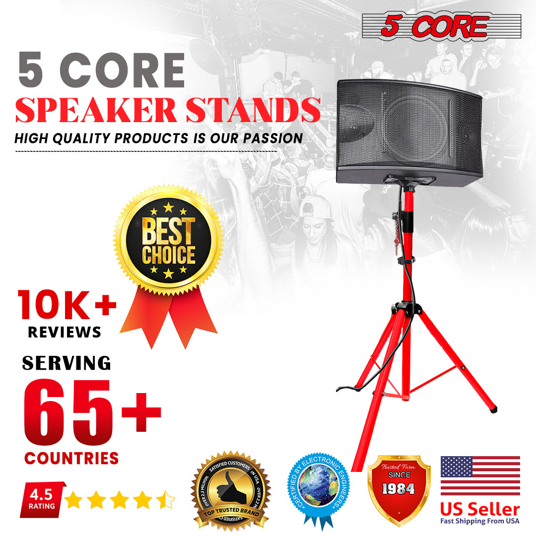 5 Core PA Speaker Stands Adjustable Height Professional Heavy Duty DJ Tripod with Mounting Bracket, Tie and Carrying Bag, Extend from 40 to 72 inches, Red - Supports 132 lbs SS HD 1PK RED