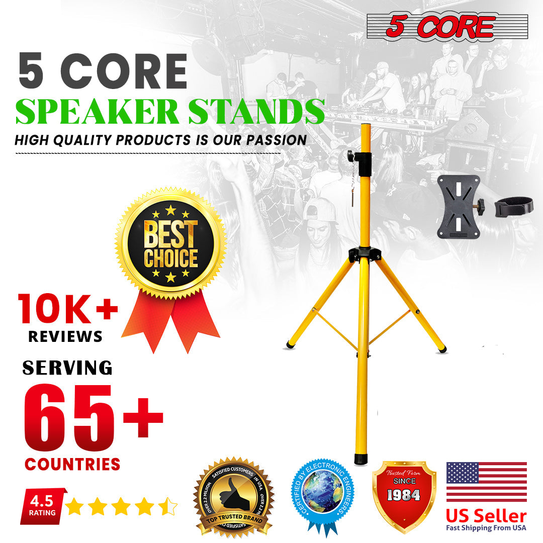 5 Core PA Speaker Stands Adjustable Height Professional Heavy Duty DJ Tripod with Mounting Bracket, Tie and Carrying Bag, Extend from 40 to 72 inches, Yellow - Supports 132 lbs SS HD 1PK YLW